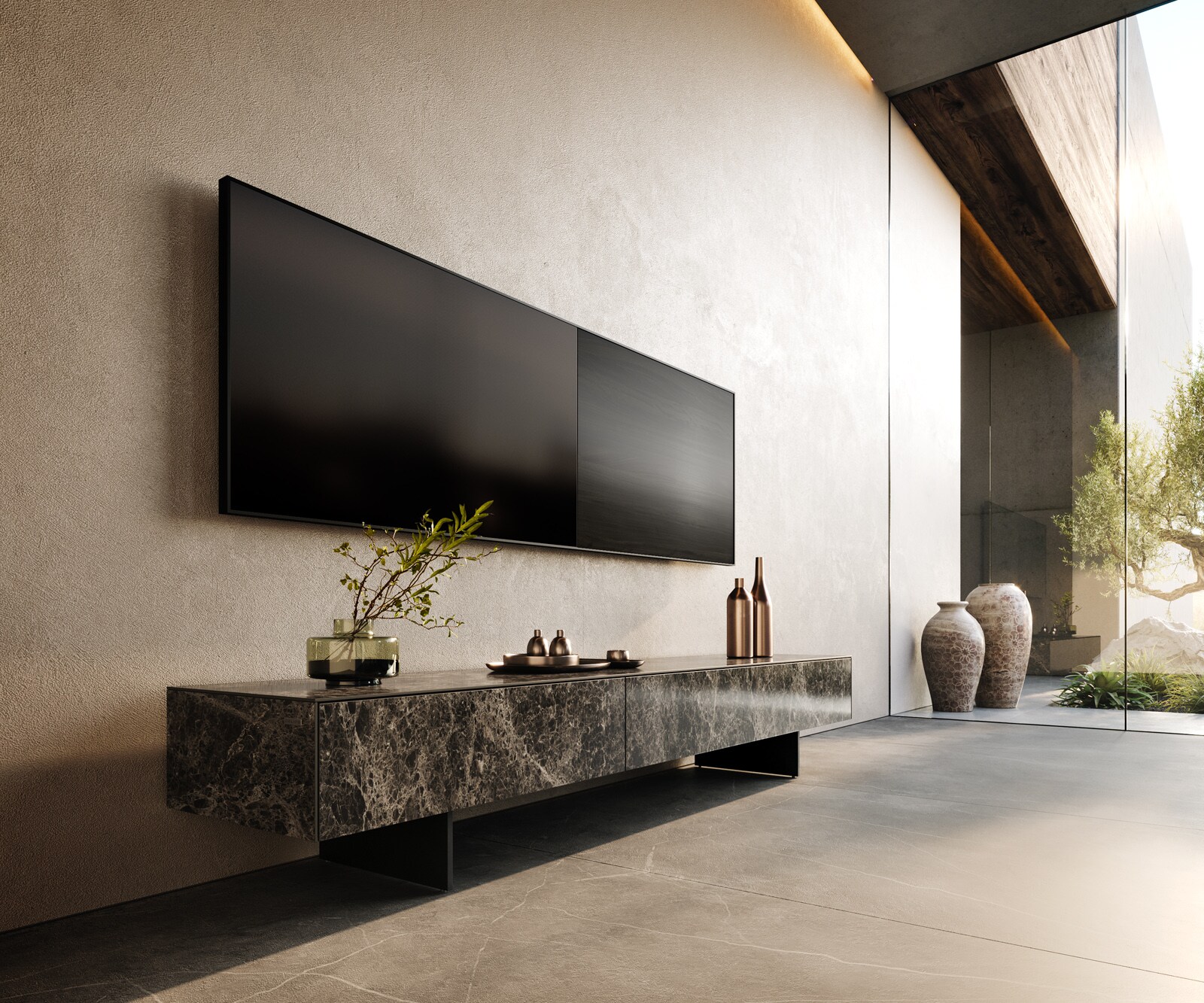 Lowboard Cuor 200 cm Keramik Laminam® Emperador Extra Lucidato Dunkelbraun 1 Klappe 1 Schubfach Fuß Schwebeoptik Metall Schwarz