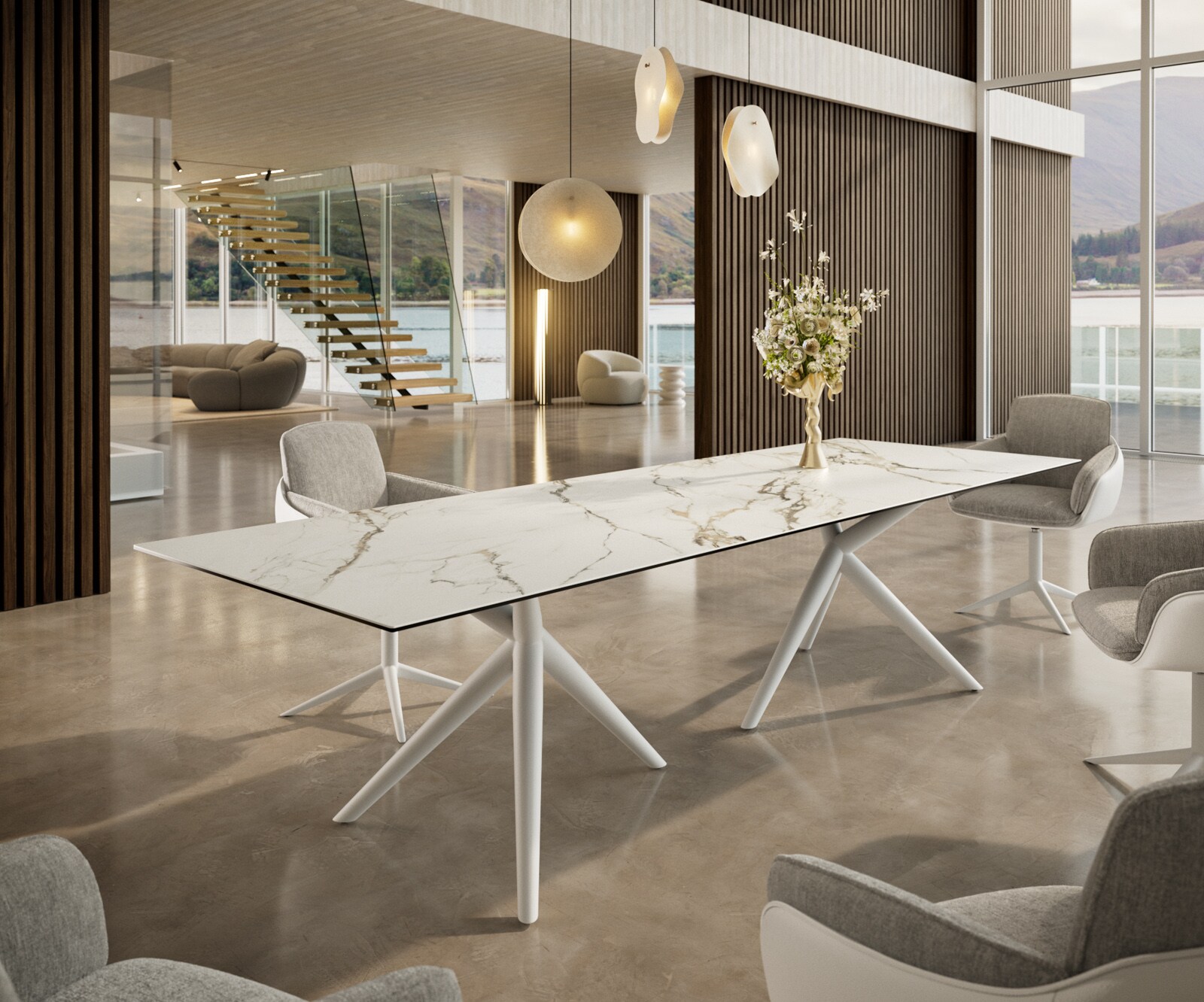 Esstisch Edge 300x100 Keramik Calacatta Luxe Weiß-Gold-Grau Estelar rund Metall Weiß 1