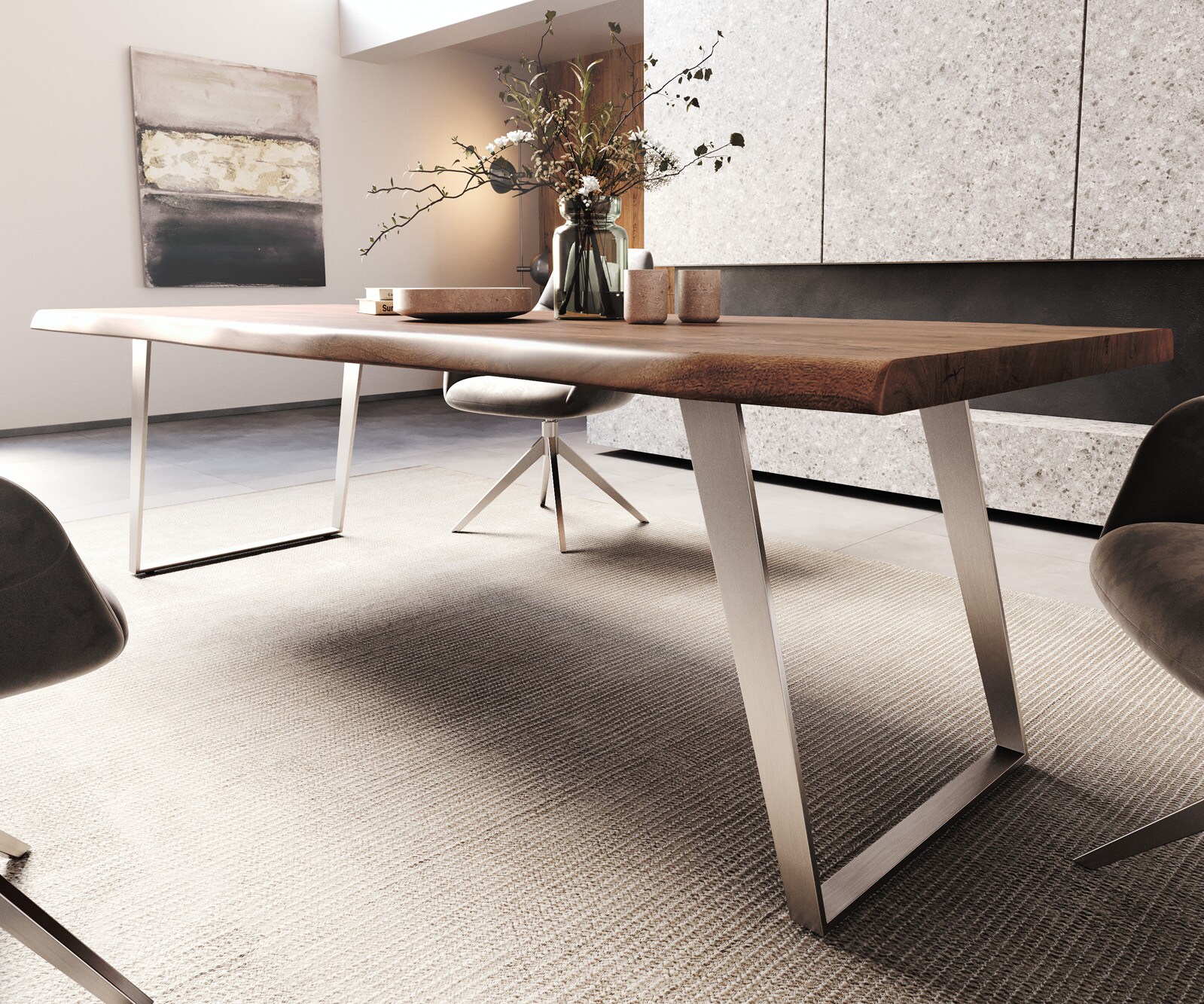 Esstisch Edge 260x100cm XL Akazie Braun Edelstahl Silber schräg Live-Edge 4