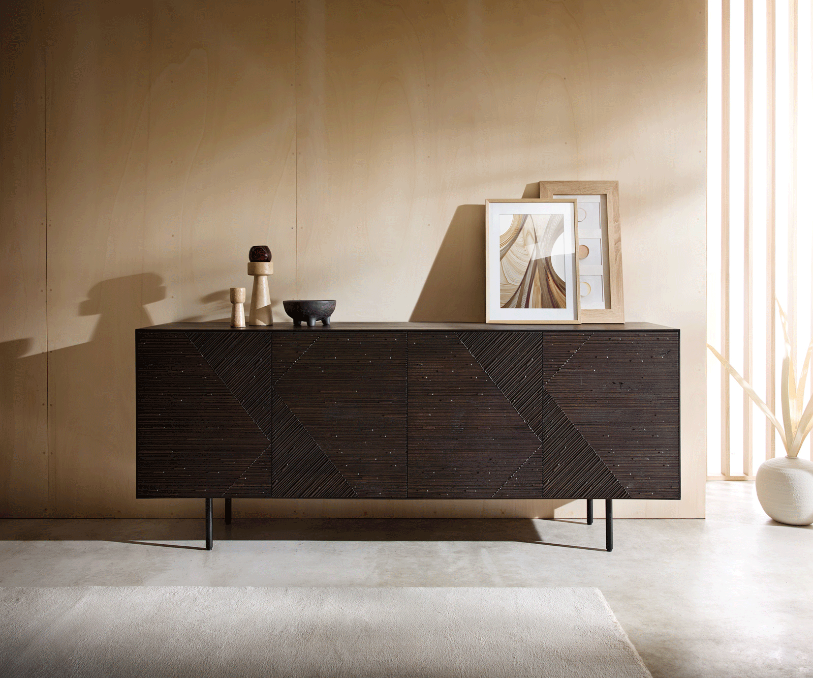 Sideboard Tereos 200 cm Esche Dunkelbraun 3D Effekt 4 Türen Rundfuß Metall Schwarz 4