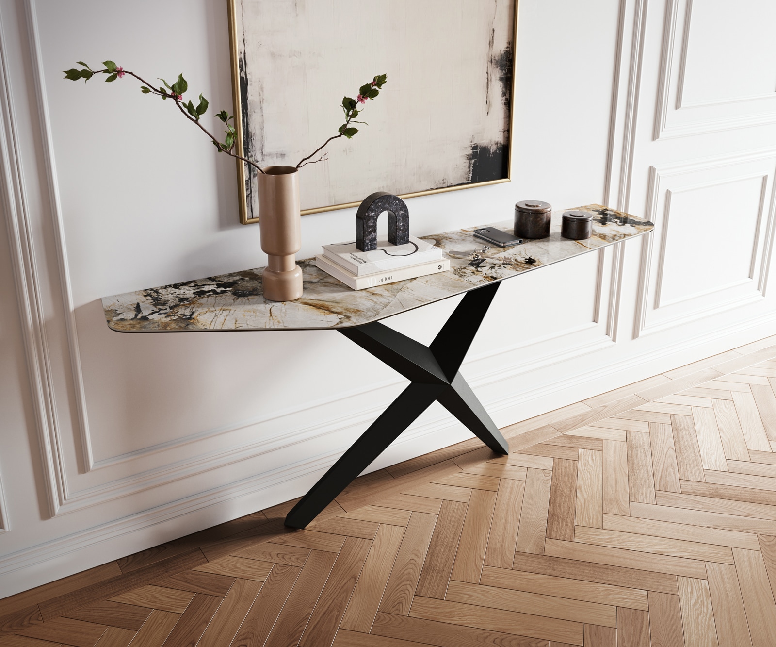 Konsolentisch Edge Polygonal 180x50 cm Keramik Patagonia Poliert Zentharo Metall Schwarz