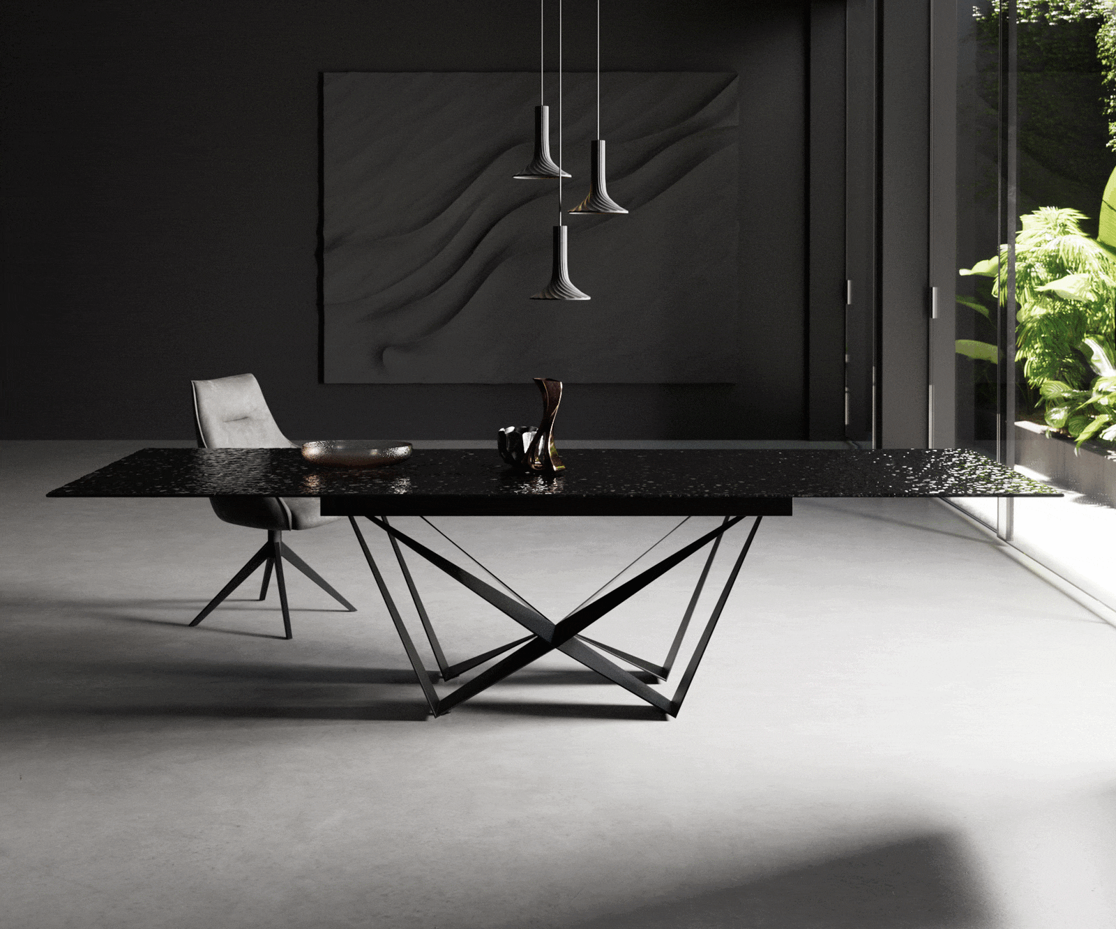 Esstisch Edge 200-300x100 Reliefglas Rauchschwarz 3D-Design Spider Flachstahl Schwarz ausziehbar 1 Esstisch Edge 200-300x100 Reliefglas Rauchschwarz 3D-Design Spider Flachstahl Schwarz ausziehbar 1