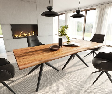 Esstisch Edge 240x100 Akazie Natur Estelar rund Metall Schwarz Live-Edge