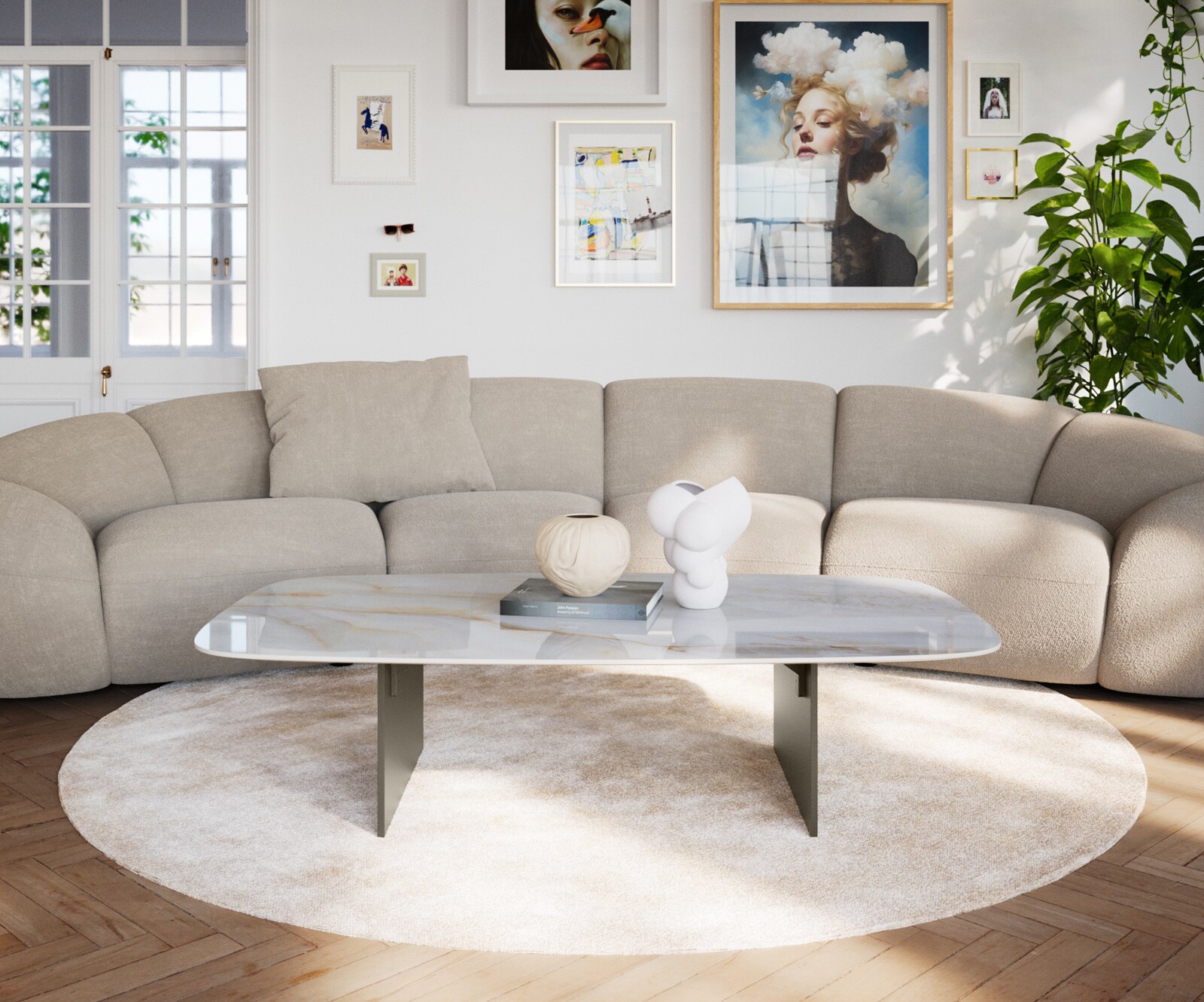 Couchtisch Edge Boot 140x80 cm Keramik Onyx Pearl Salto Metall Effektfinish Titan 2