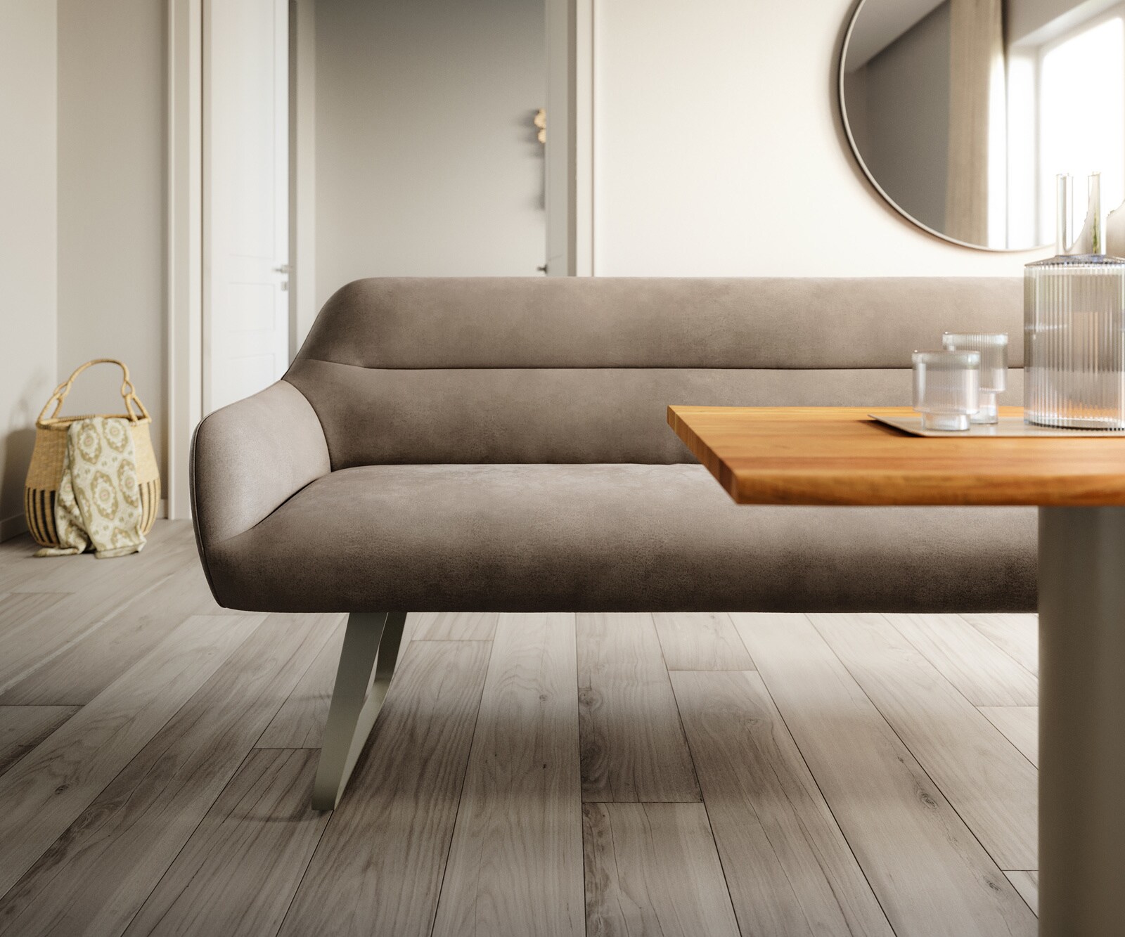 Esszimmerbank Taya-Flex 300 cm Mikrofaser Taupe Vintage Kufengestell flach Effektfinish Titan Taschenfederkern 1