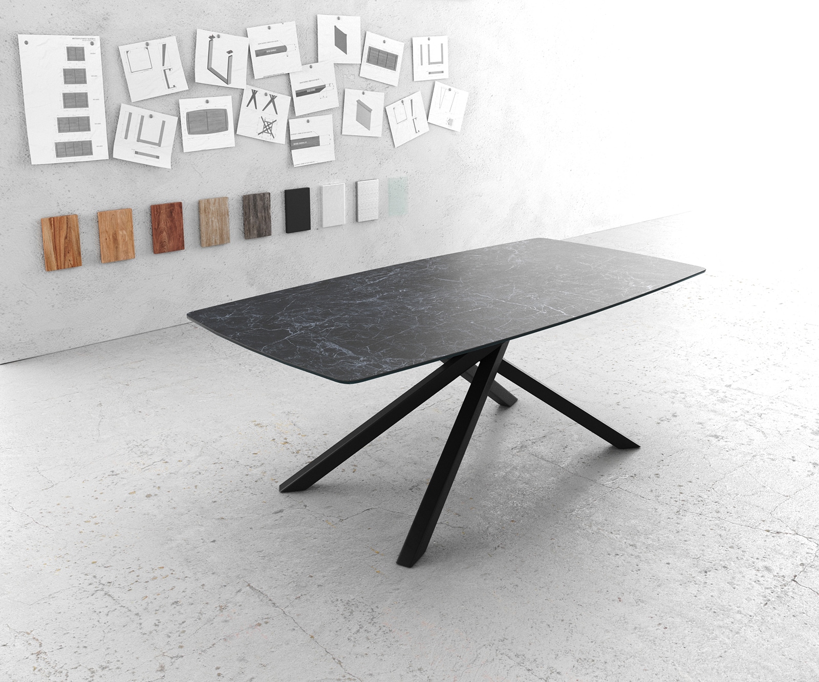 Esstisch Edge Bootsform 200x100cm Laminam® Keramik Nero Greco Anthrazit Mittelfuß Kreuz Schwarz 1