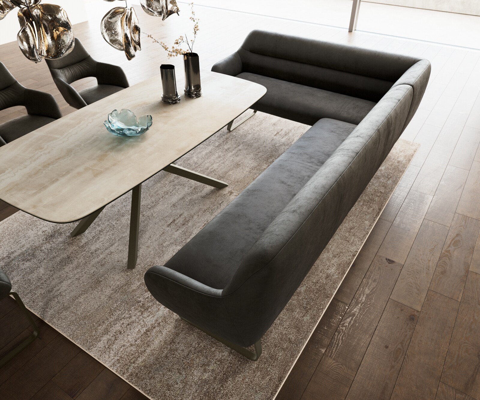 Esszimmerbank Taya-Flex 285x190 cm Mikrofaser Anthrazit Vintage Kufengestell flach Effektfinish Titan Taschenfederkern Rechts 3