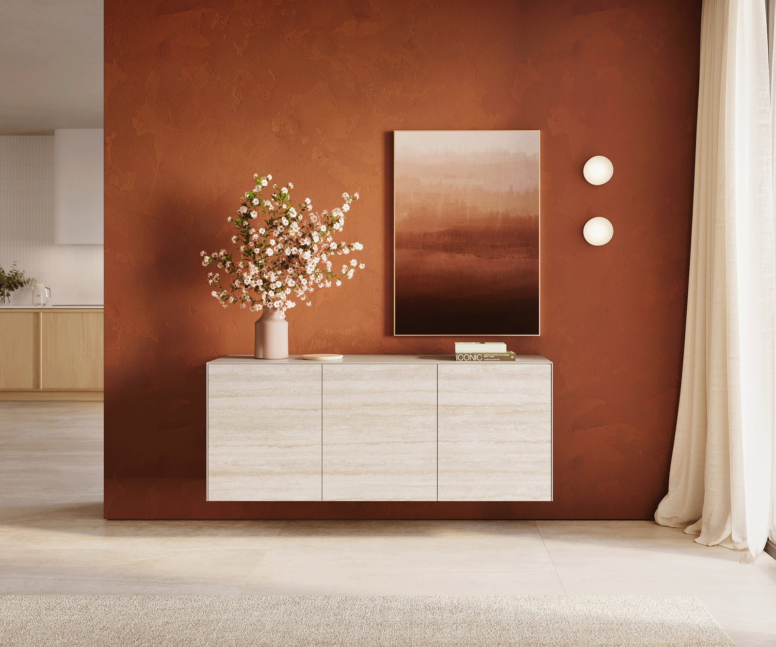 Sideboard Cuor 150 cm Keramik Laminam® Travertino Bianco Creme-Weiß 3 Türen Schwebend 2