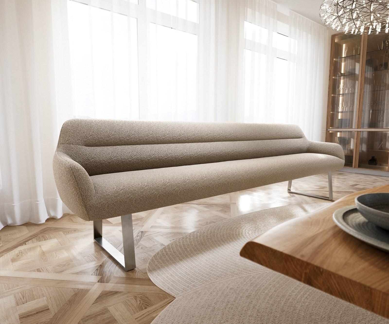 Esszimmerbank Taya-Flex 300 cm Bouclé Schlamm Kufengestell kantig Edelstahl Taschenfederkern 1