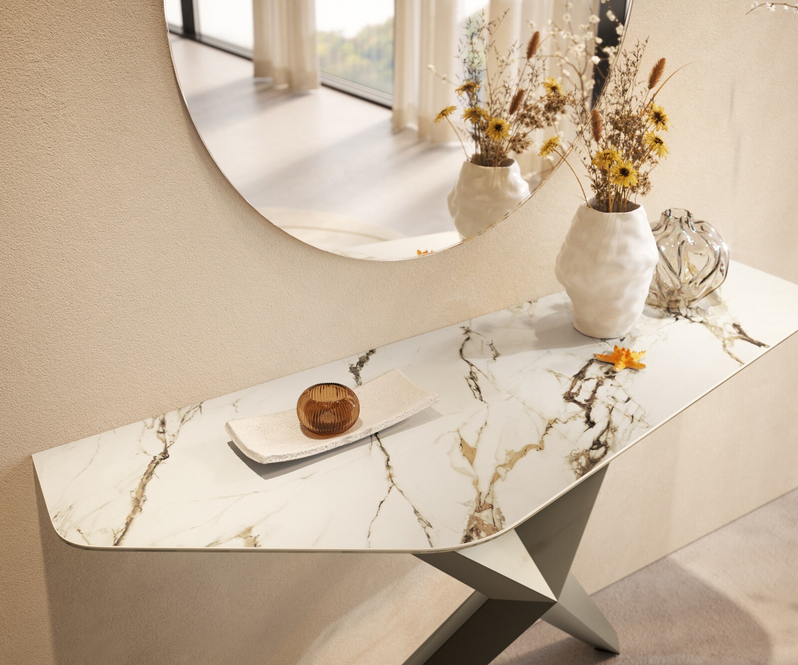 Konsolentisch Edge Polygonal 140x50 cm Keramik Calacatta Luxe Weiß-Gold-Grau Zentharo Metall Effektfinish Titan 6