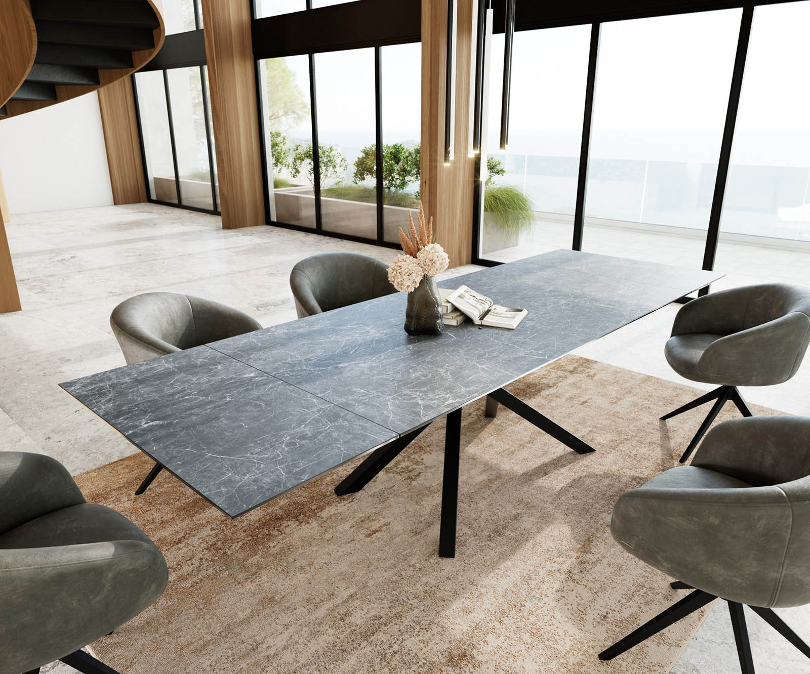 Esstisch Edge 200-300x100 Keramik Laminam®Nero Greco Anthrazit Kreuzgestell Rechteck Schwarz ausziehbar Esstisch Edge 200-300x100 Keramik Laminam®Nero Greco Anthrazit Kreuzgestell Rechteck Schwarz ausziehbar