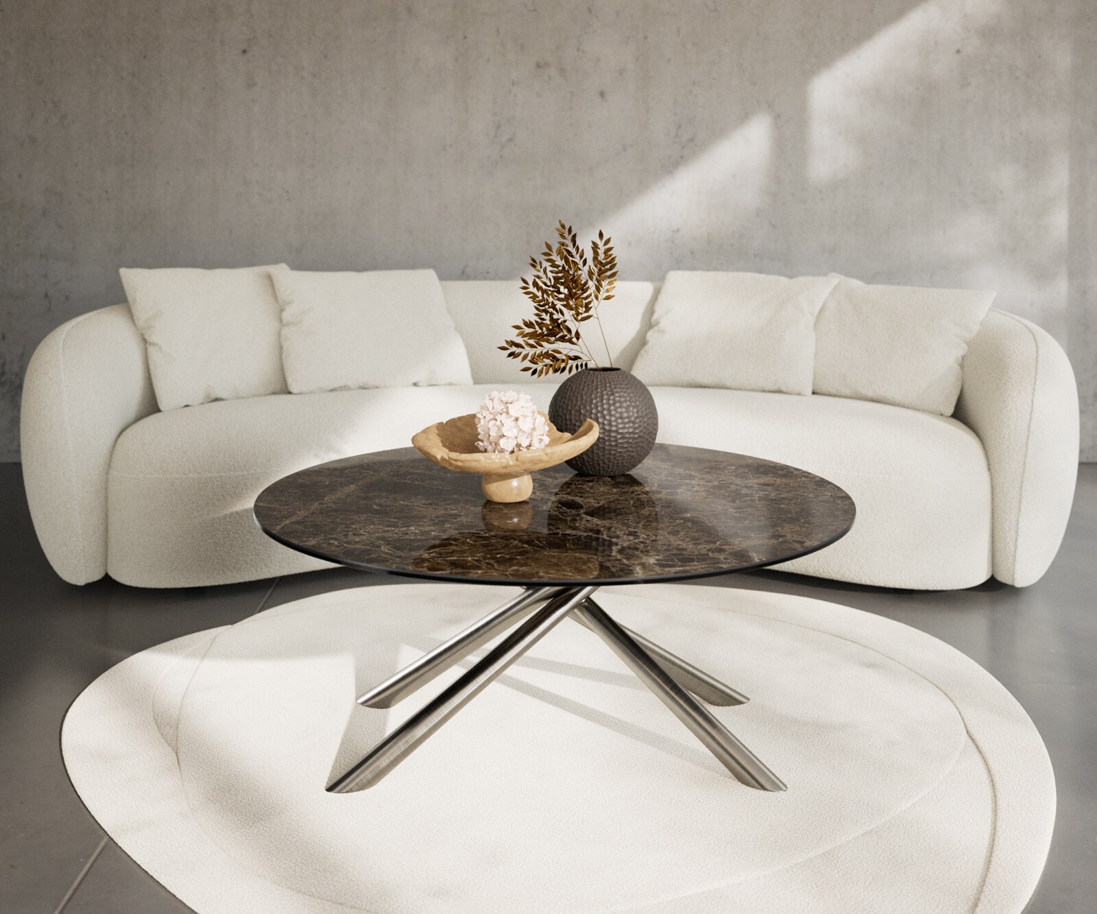 Couchtisch Edge Rund 100x100 cm Keramik Emperador Extra Lucidato Dunkelbraun Sarity Edelstahl gebürstet 1
