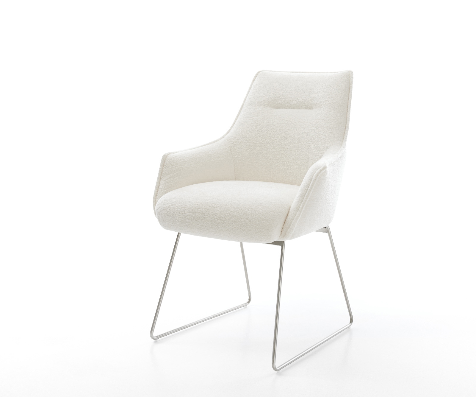 Esszimmerstuhl Alja-Flex mit Armlehnen Bouclé Soft Beige Kufengestell Edelstahl Taschenfederkern