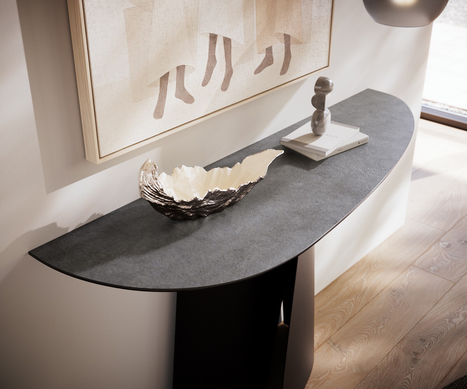 Konsolentisch Edge Oval 140x40 cm Keramik Beton Grau Livos Metall Schwarz 5