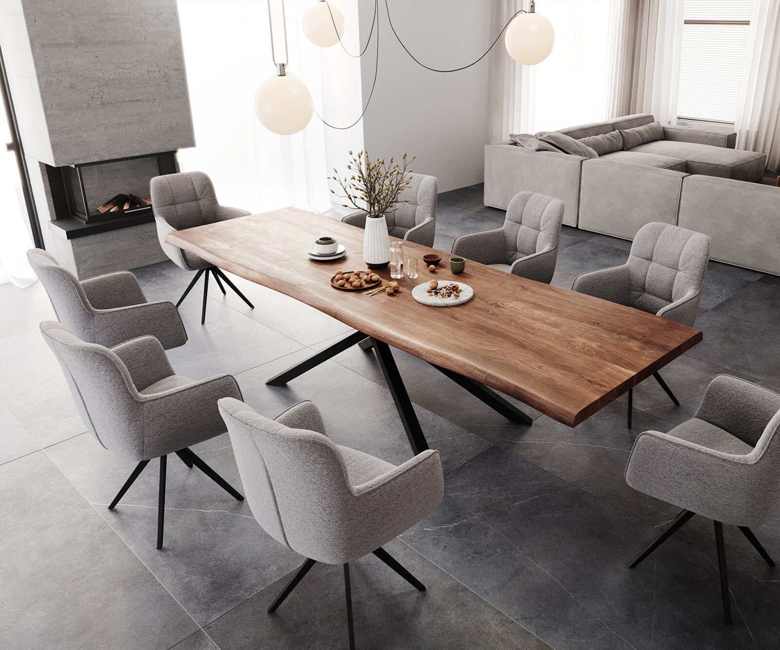 Esstisch Edge 300x100 XL Akazie Braun Kreuzgestell Rechteck Schwarz Live-Edge 6
