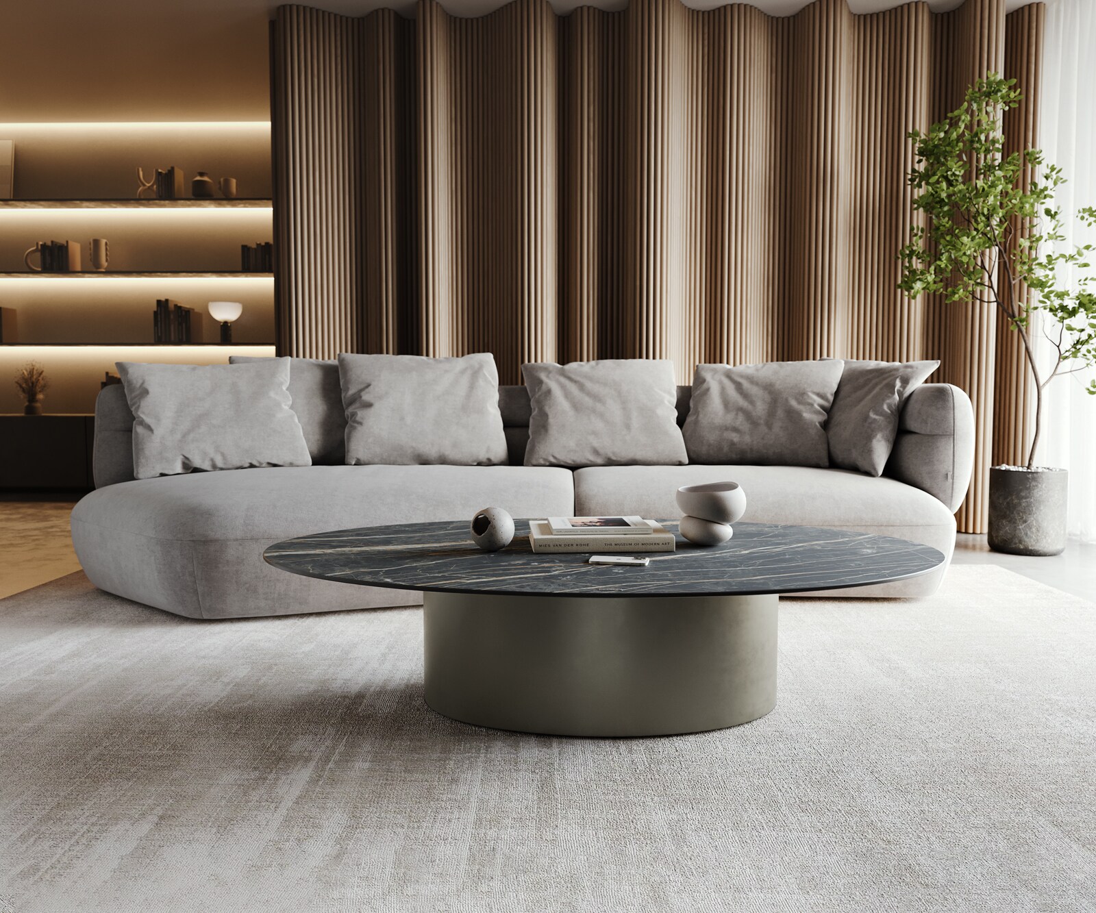 Couchtisch Casilda 150x90 cm Keramik Laminam®Noir Desir Braun Mittelfuß Effektfinish Titan 2