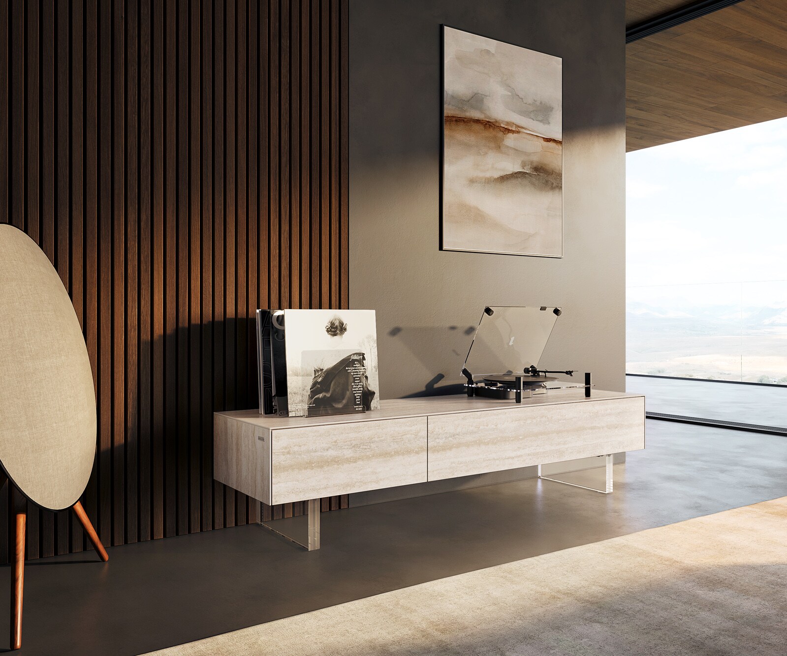 Lowboard Cuor 150 cm Keramik Laminam® Travertino Bianco Creme-Weiß 1 Klappe 1 Schubfach Fuß Schwebeoptik Acrylglas