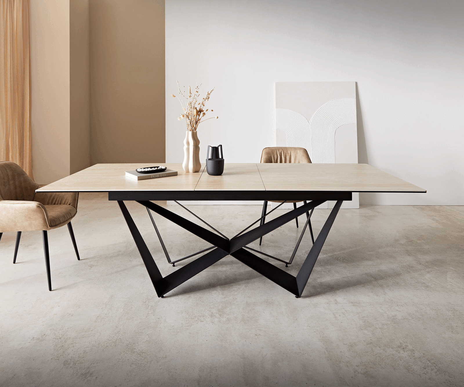 Esstisch Edge 180-220x100 Keramik Travertin Natur Spider Flachstahl Schwarz ausziehbar 1