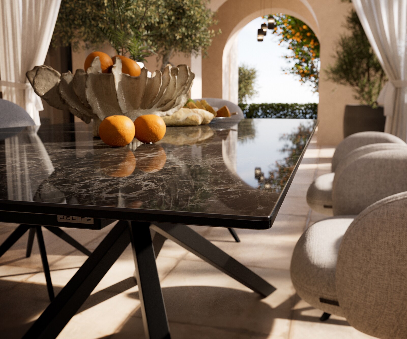 Outdoortisch Edge 200x100 cm Keramik Laminam® Emperador Extra Lucidato Dunkelbraun Kreuzgestell Rechteck Schwarz 3