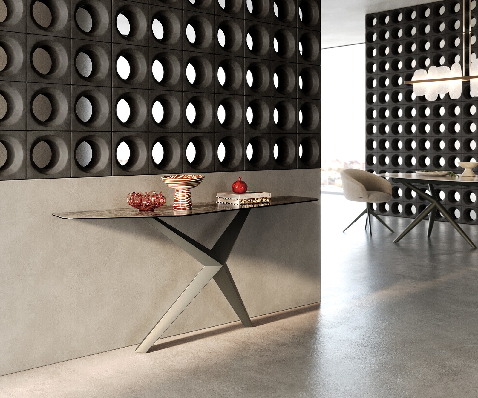 Konsolentisch Edge Polygonal 180x50 cm Keramik Emperador Extra Lucidato Dunkelbraun Zentharo Metall Effektfinish Titan 6