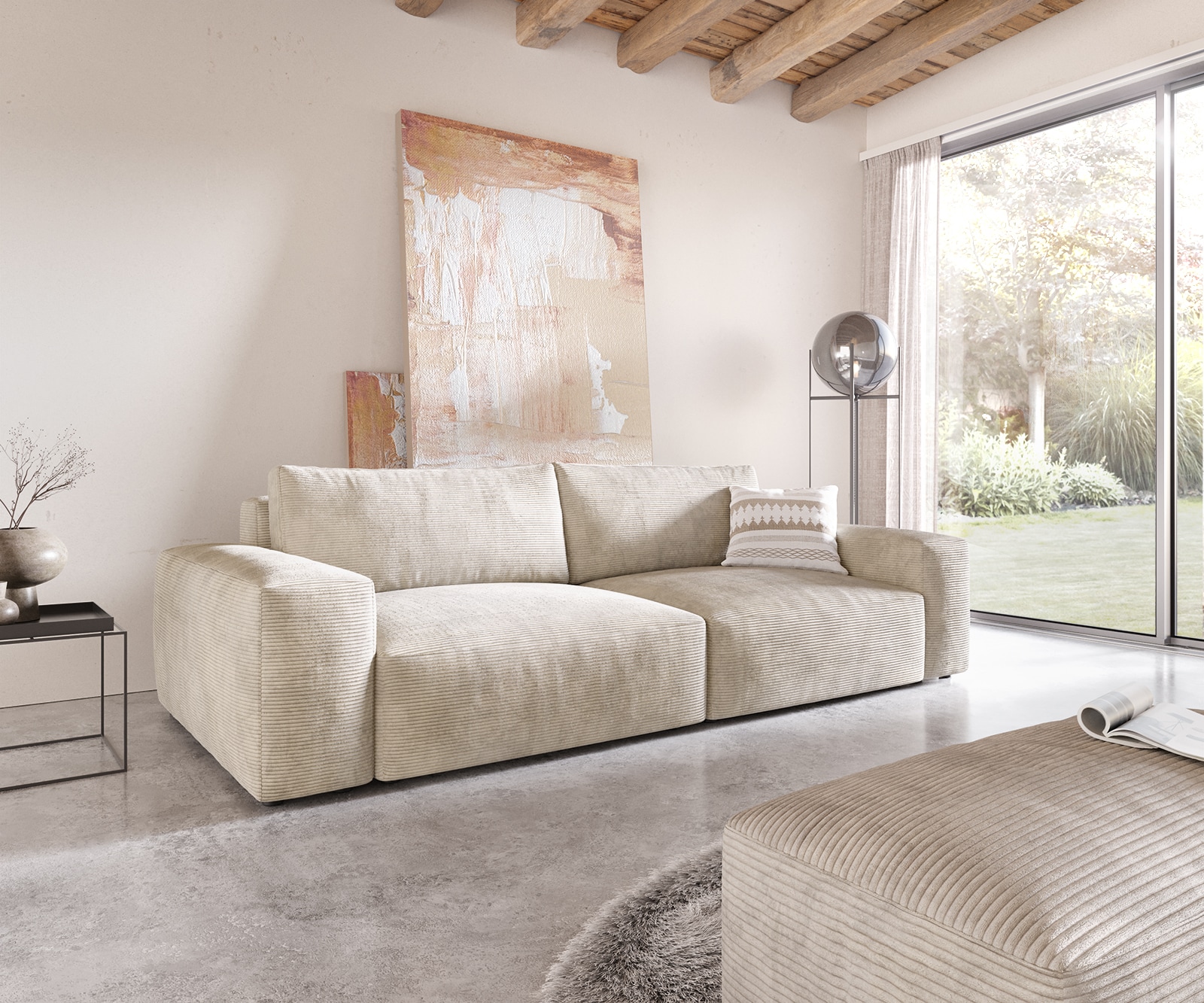 Big-Sofa Lanzo XL 270x130 cm Cord Beige mit Hocker Big-Sofa Lanzo XL 270x130 cm Cord Beige mit Hocker