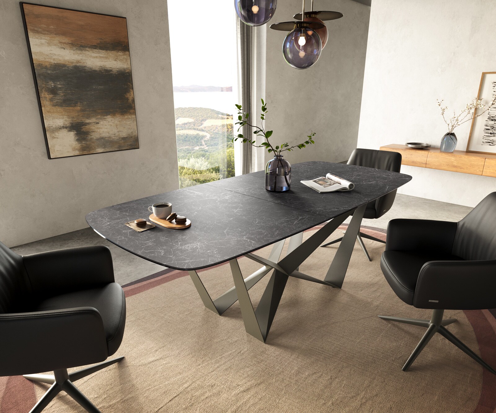 Esstisch Edge Boot 180-220x100 cm Keramik Laminam® Nero Greco Anthrazit Spider Metall Effektfinish Titan ausziehbar 1