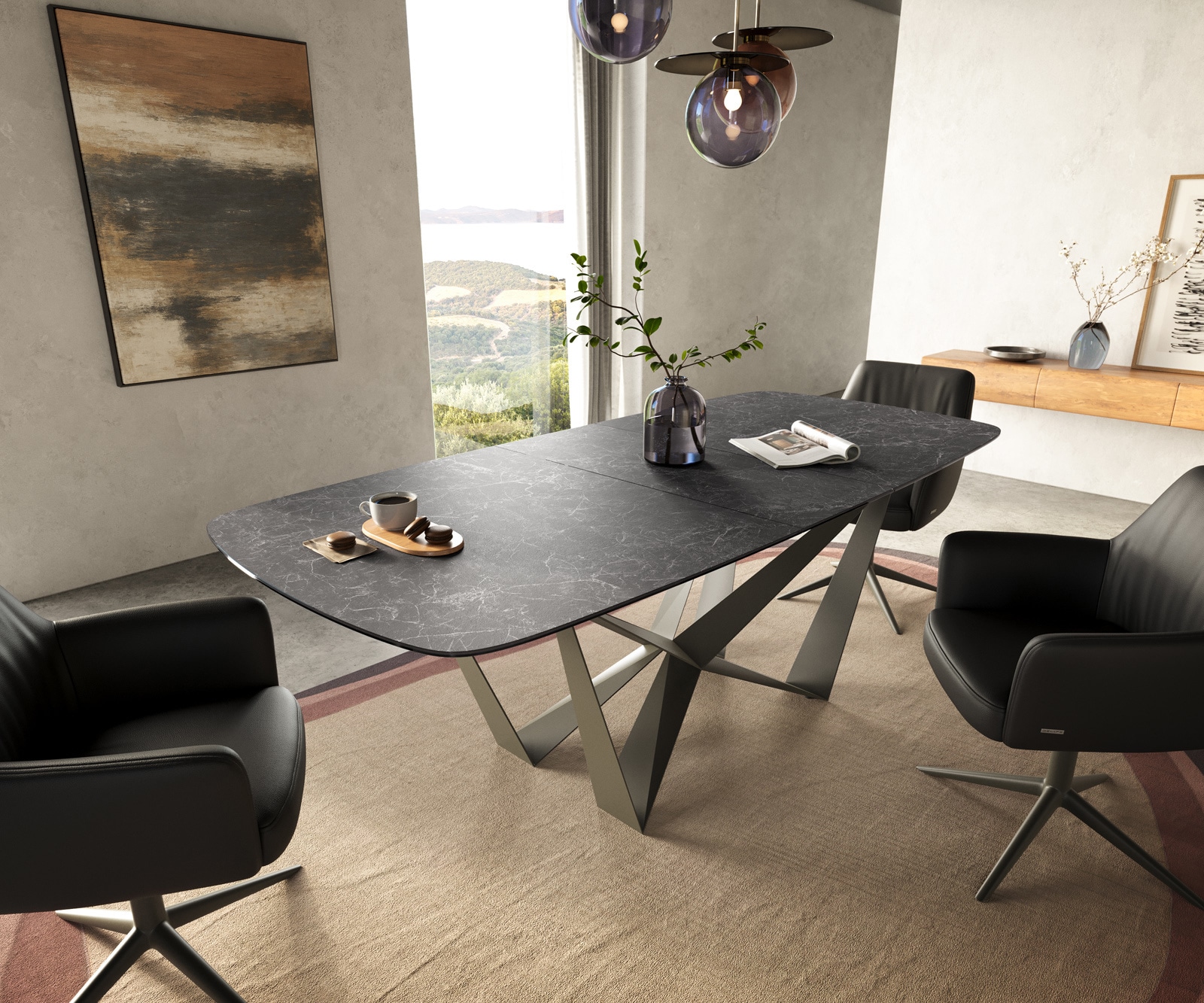 Esstisch Edge Boot 180-220x100 cm Keramik Laminam® Nero Greco Anthrazit Spider Metall Effektfinish Titan ausziehbar