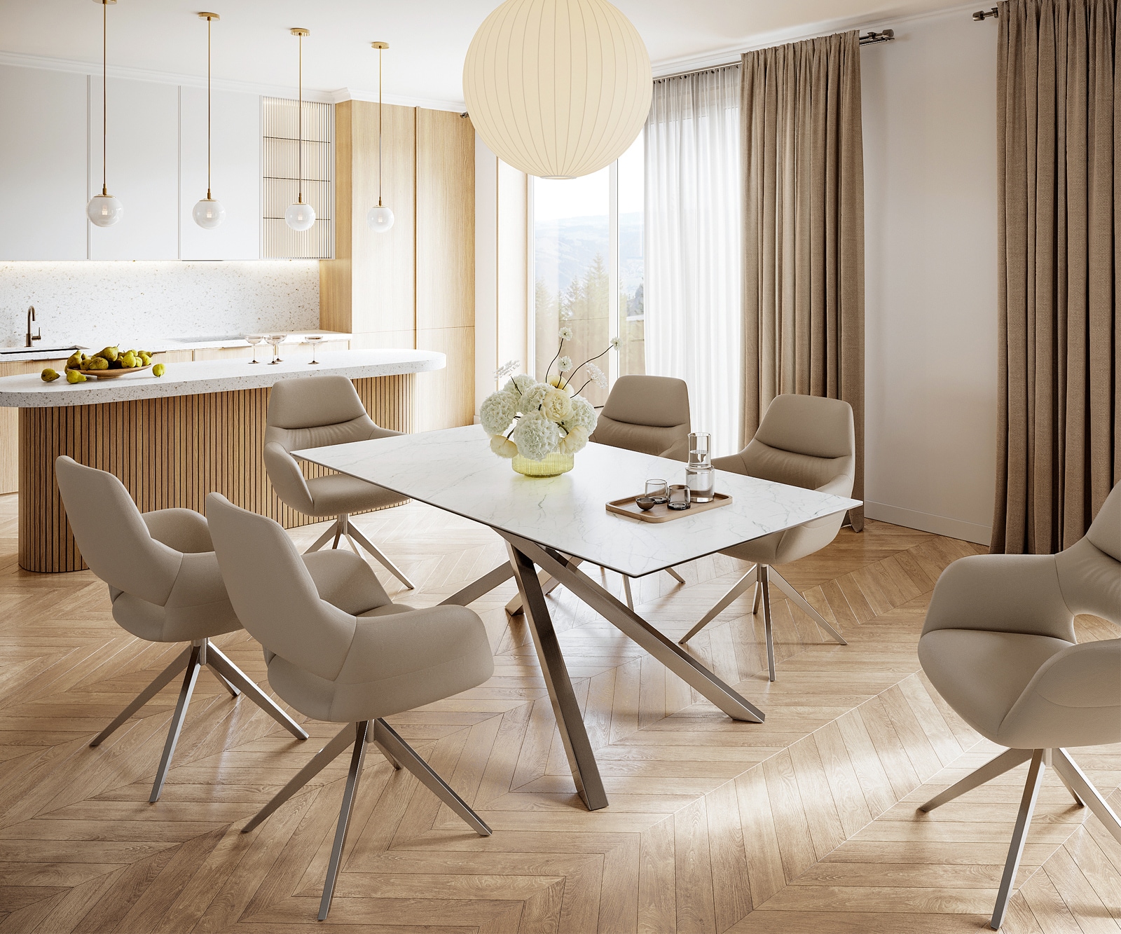 Esszimmertisch Edge Keramik Laminam®Statuarietto Weiß 200x100cm Kreuzgestell Rechteck Edelstahl