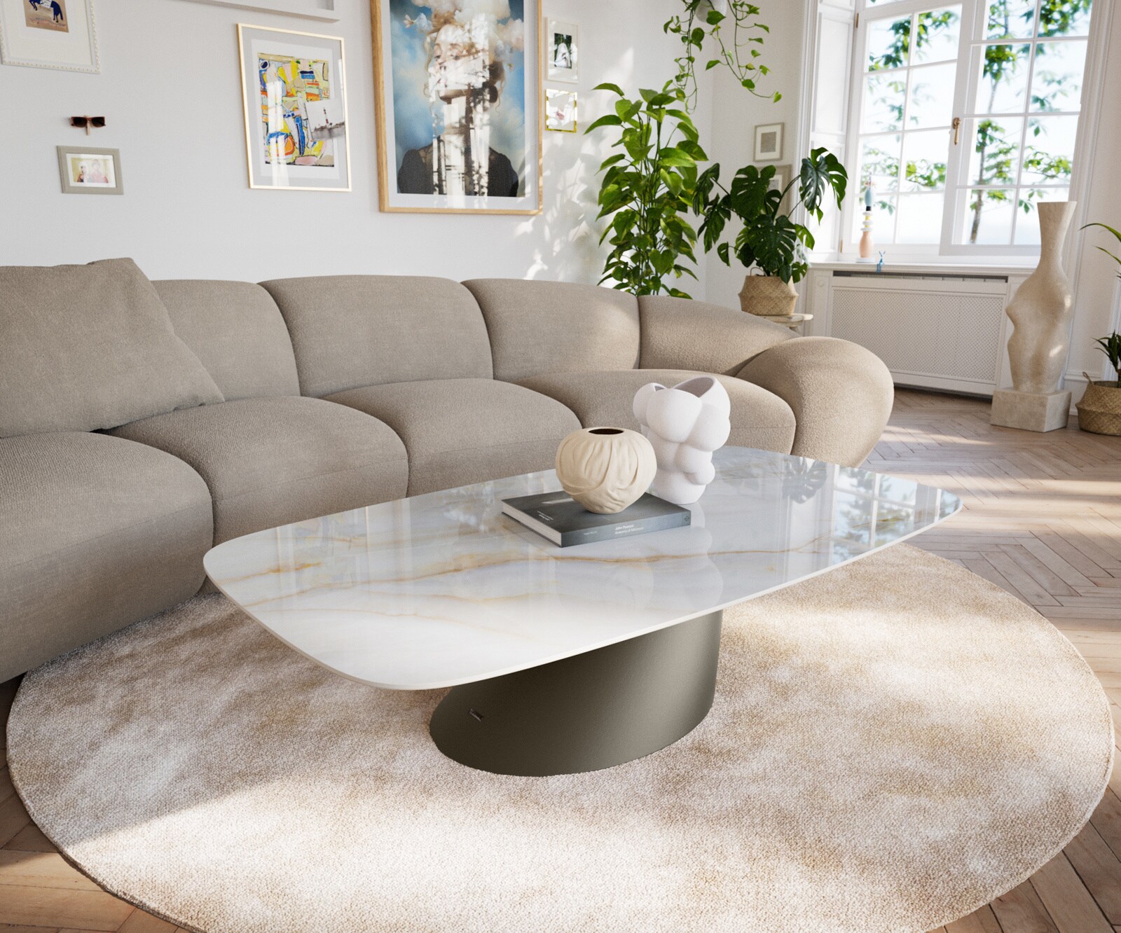 Couchtisch Edge Boot 140x80 cm Keramik Onyx Pearl Conis Metall Effektfinish Titan 1