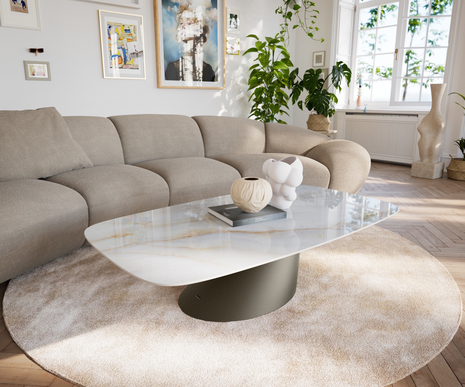 Couchtisch Edge Boot 140x80 cm Keramik Onyx Pearl Conis Metall Effektfinish Titan