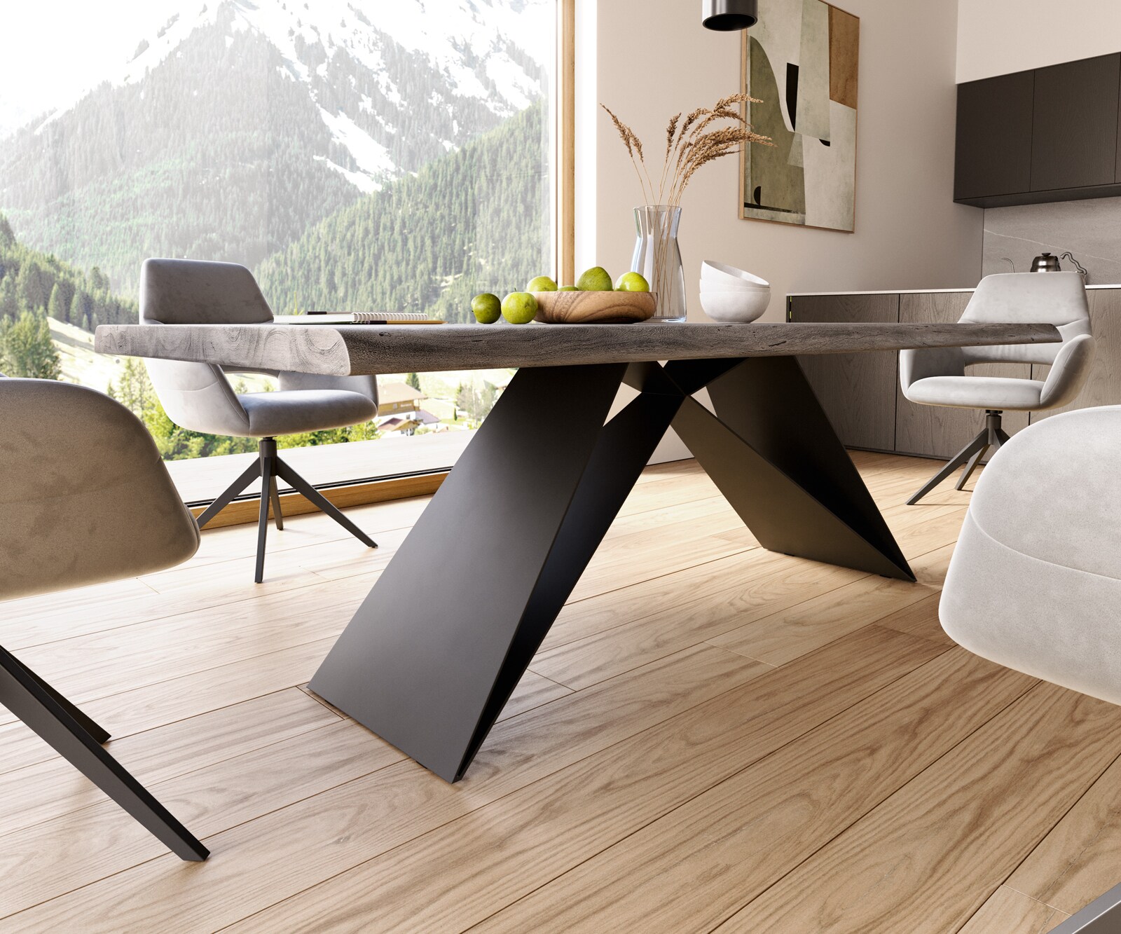 Esstisch Edge 220x100 XL Akazie Platin V-Gestell Flachstahl Schwarz Live-Edge 6