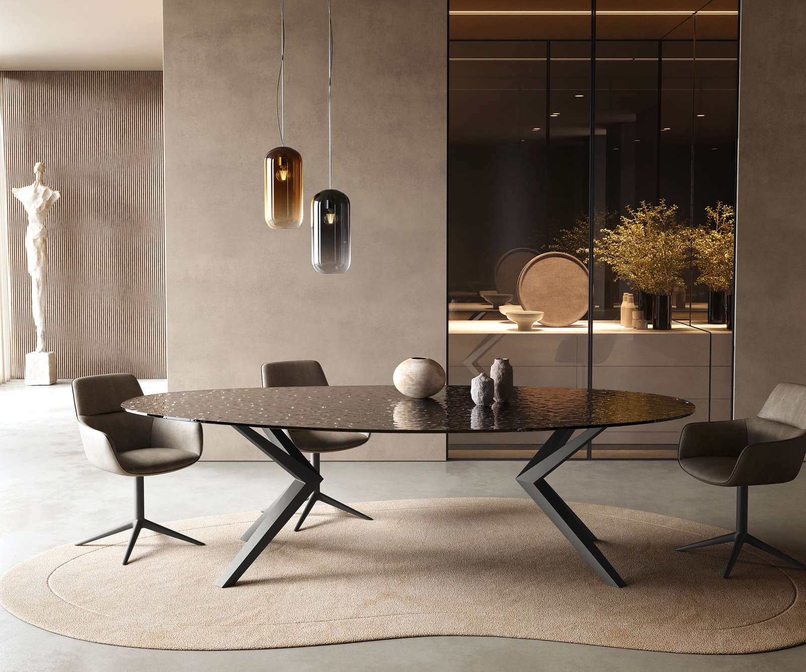 Esstisch Edge Oval 280x130 Reliefglas Rauchschwarz 3D-Design Zenthara kantig Metall Schwarz Esstisch Edge Oval 280x130 Reliefglas Rauchschwarz 3D-Design Zenthara kantig Metall Schwarz