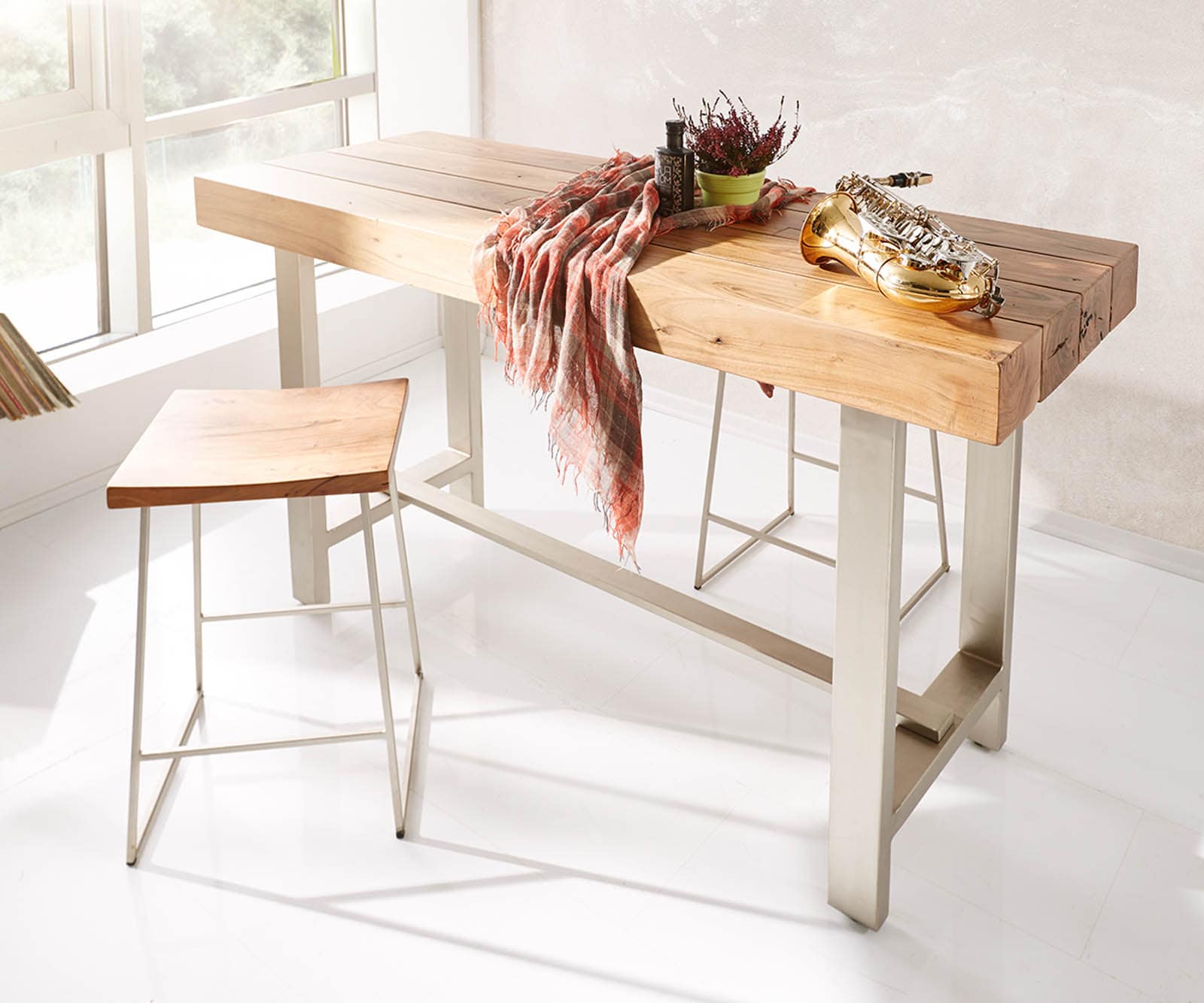 Bartisch Blokk 165x60 cm Akazie Natur Metallgestell 