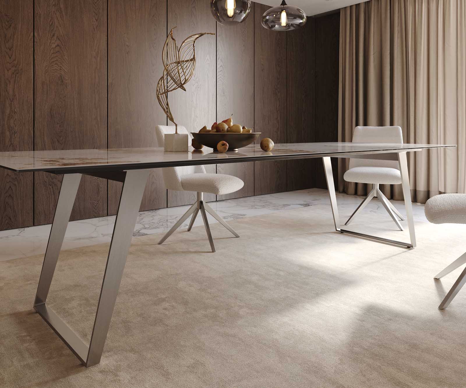 Esstisch Edge 300x100 Keramik Minas Melange Weiß-Beige Edelstahl Schräg 6