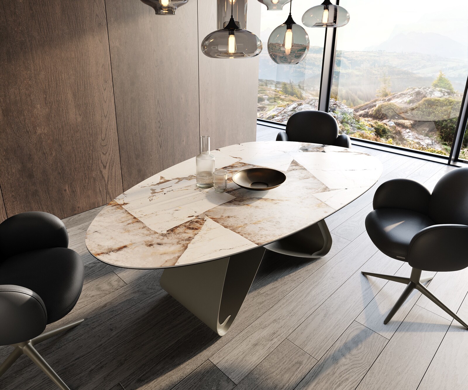 Table à manger Edge ovalee céramique Iris FMG Patagonia Lappato cadre en W métal effet finition titanee