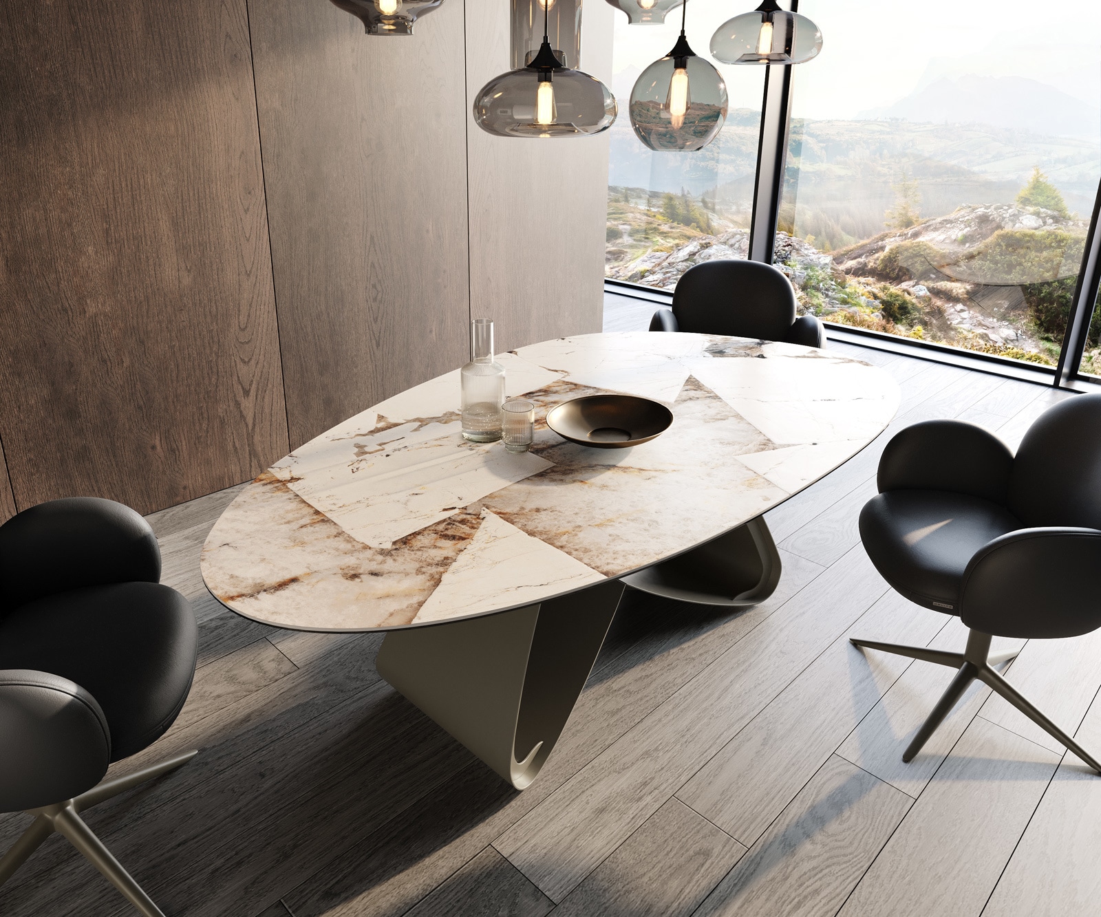 Esstisch Edge Oval 220x120 Keramik Iris FMG Patagonia Lappato W-Gestell Metall Effektfinish Titan