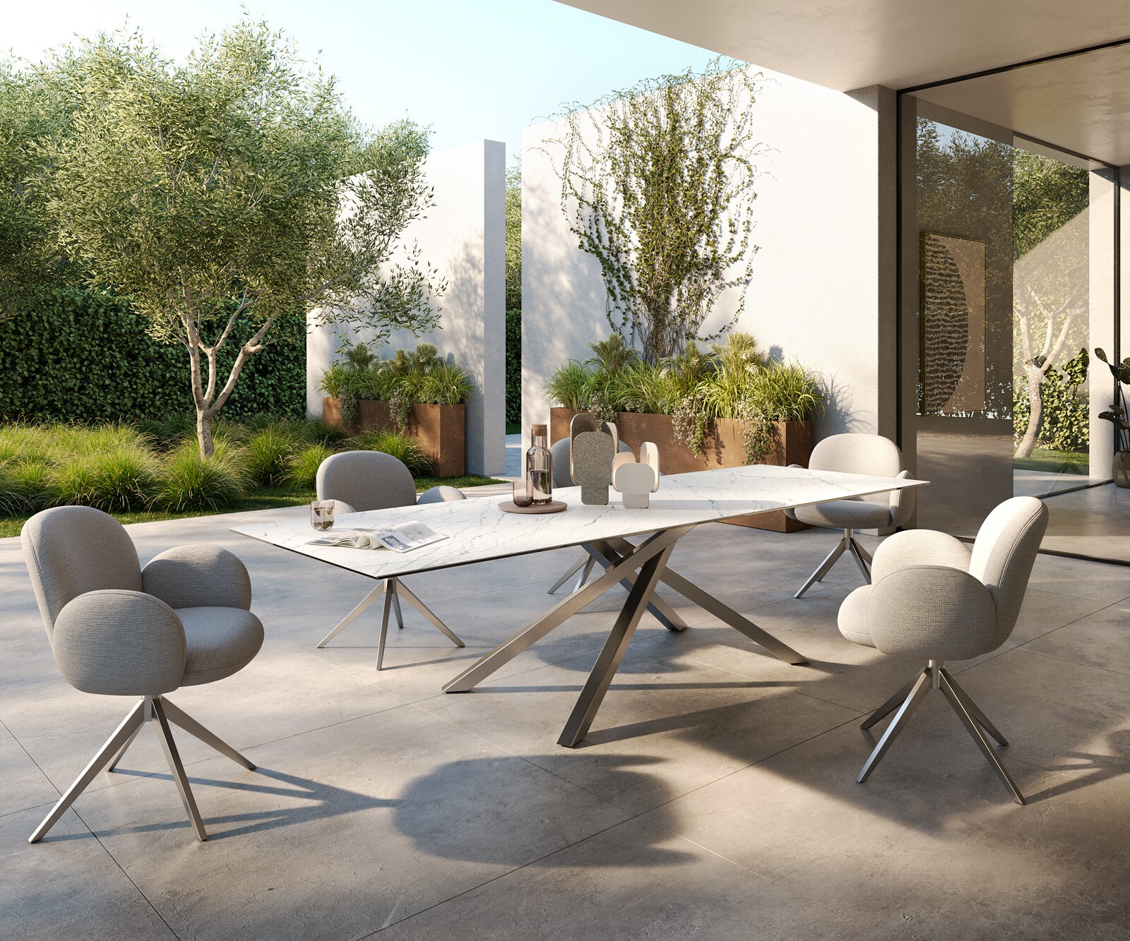 Outdoortisch Edge 300x100 cm Keramik Laminam® Statuarietto Weiß Kreuzgestell Rechteck Edelstahl 5
