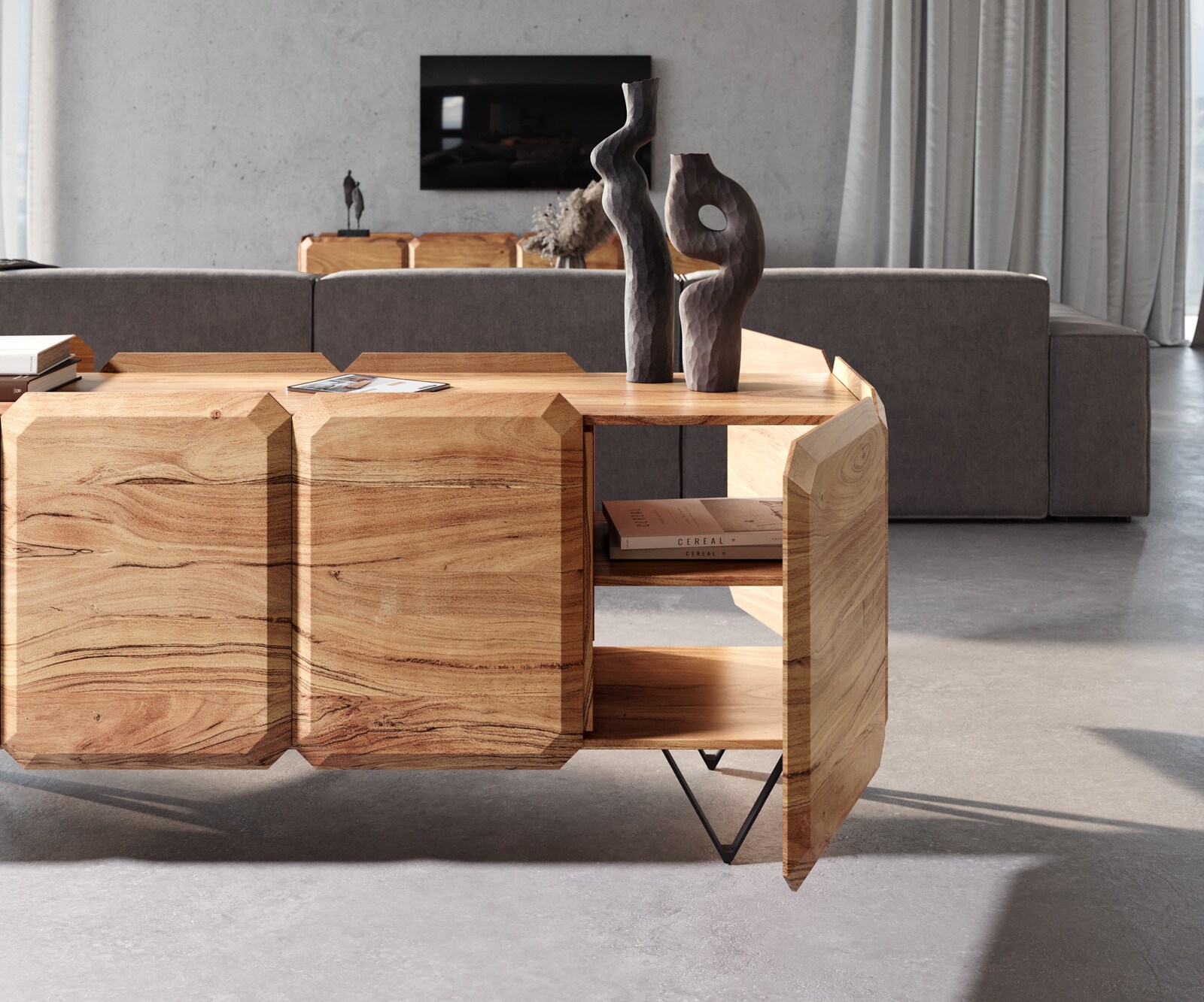 Sideboard Kiano 175 cm Akazie Natur 4 Türen V-Fuß Schwarz Raumteiler 5