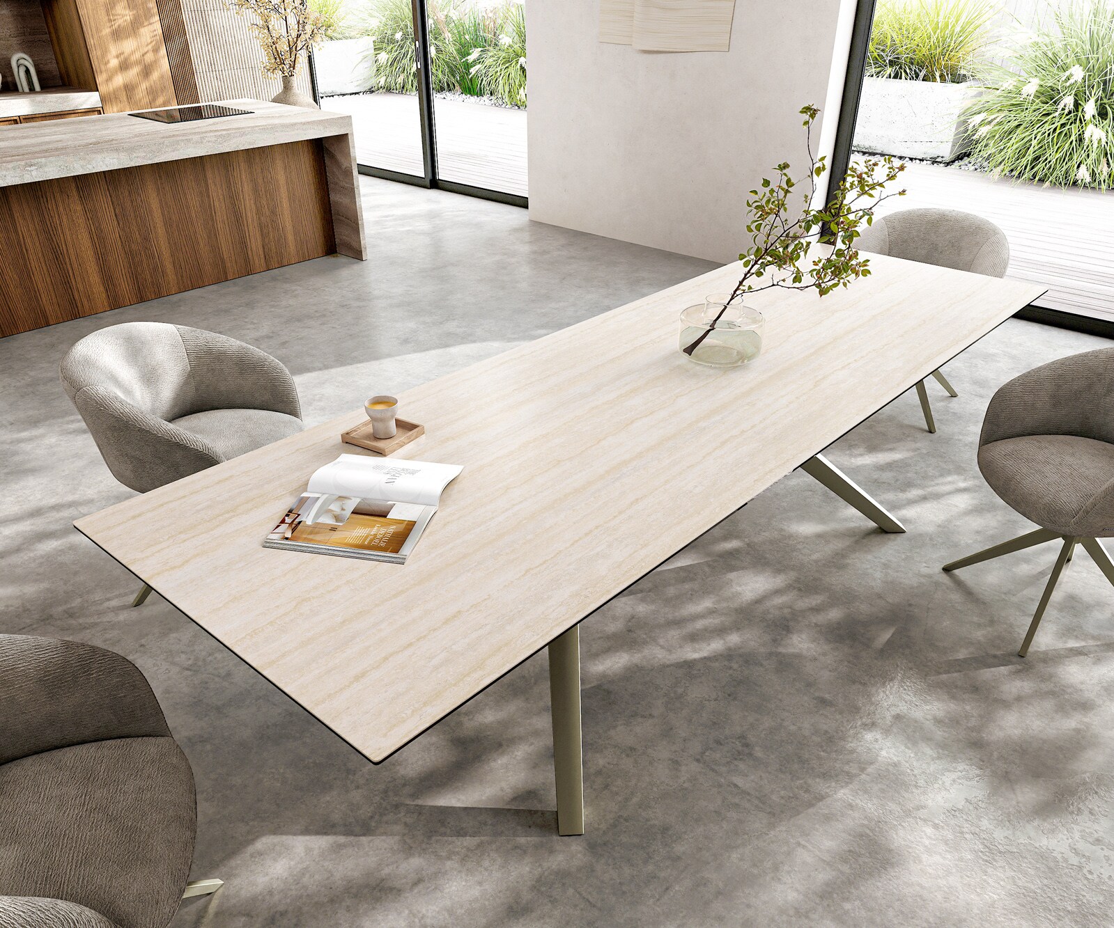 Esstisch Edge 300x100 Keramik Laminam® Travertino Bianco Creme-Weiß Zenthara kantig Metall Effektfinish Titan 4