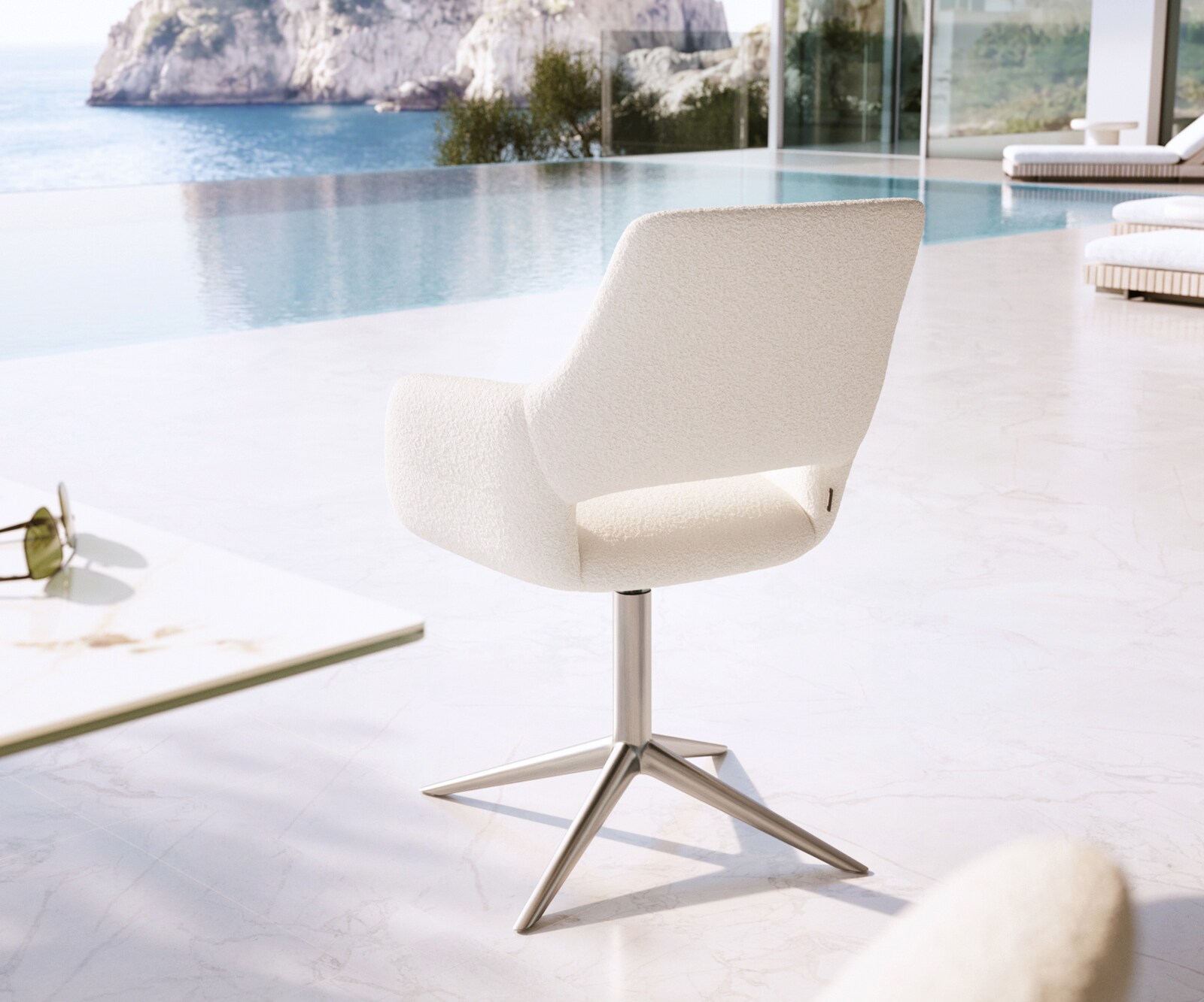 Outdoorstuhl Yago-Flex mit Armlehnen Bouclé Weiß Fußkreuz Edelstahl 360° drehbar Wippfunktion 4