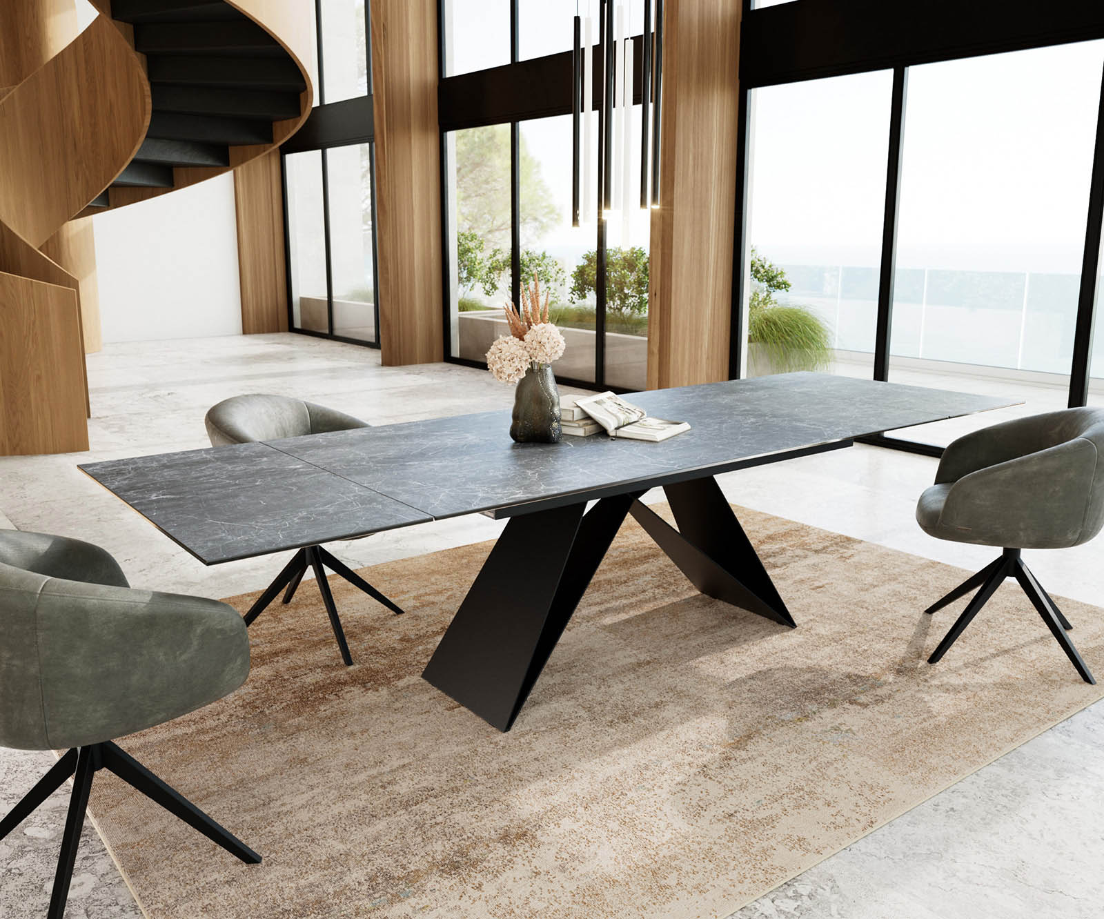 Esstisch Edge 200-300x100 Keramik Laminam®Nero Greco Anthrazit V-Gestell Flachstahl Schwarz ausziehbar 4