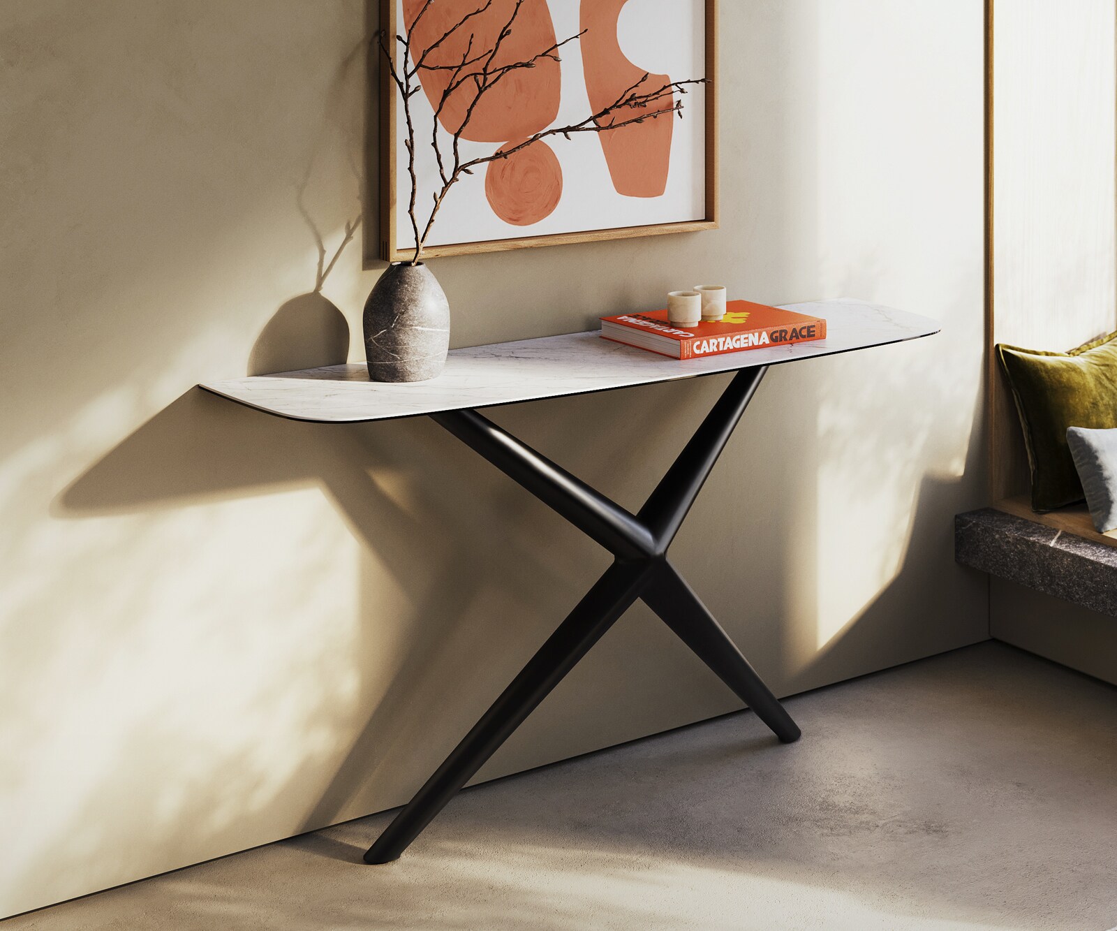 Konsolentisch Edge Boot 140x40 cm Keramik Laminam® Statuarietto Weiß Estelo Metall Schwarz 3