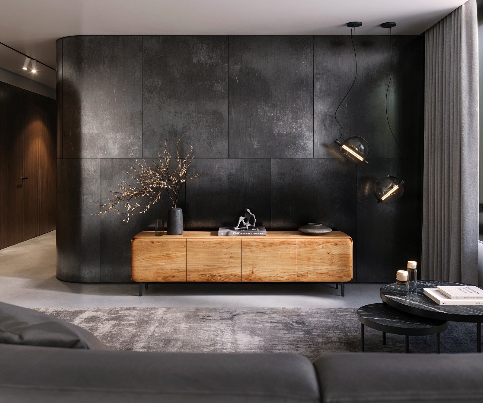 Lowboard Shavani 200 cm Akazie Natur 4 Türen Fuß Oval Metall Schwarz 2