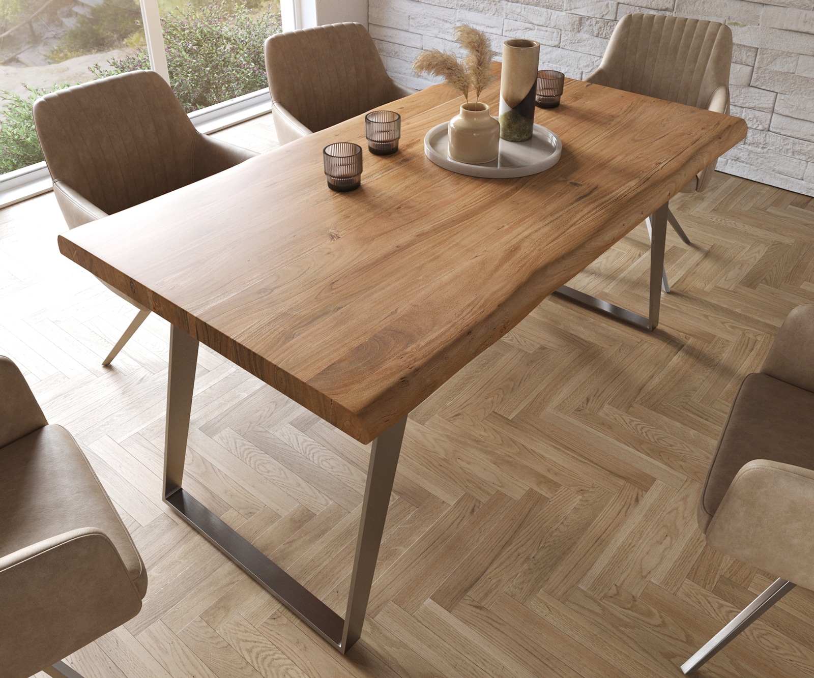 Esstisch Edge 160x90 XL Akazie Natur Edelstahl Schräg Live-Edge 3 Esstisch Edge 160x90 XL Akazie Natur Edelstahl Schräg Live-Edge 3