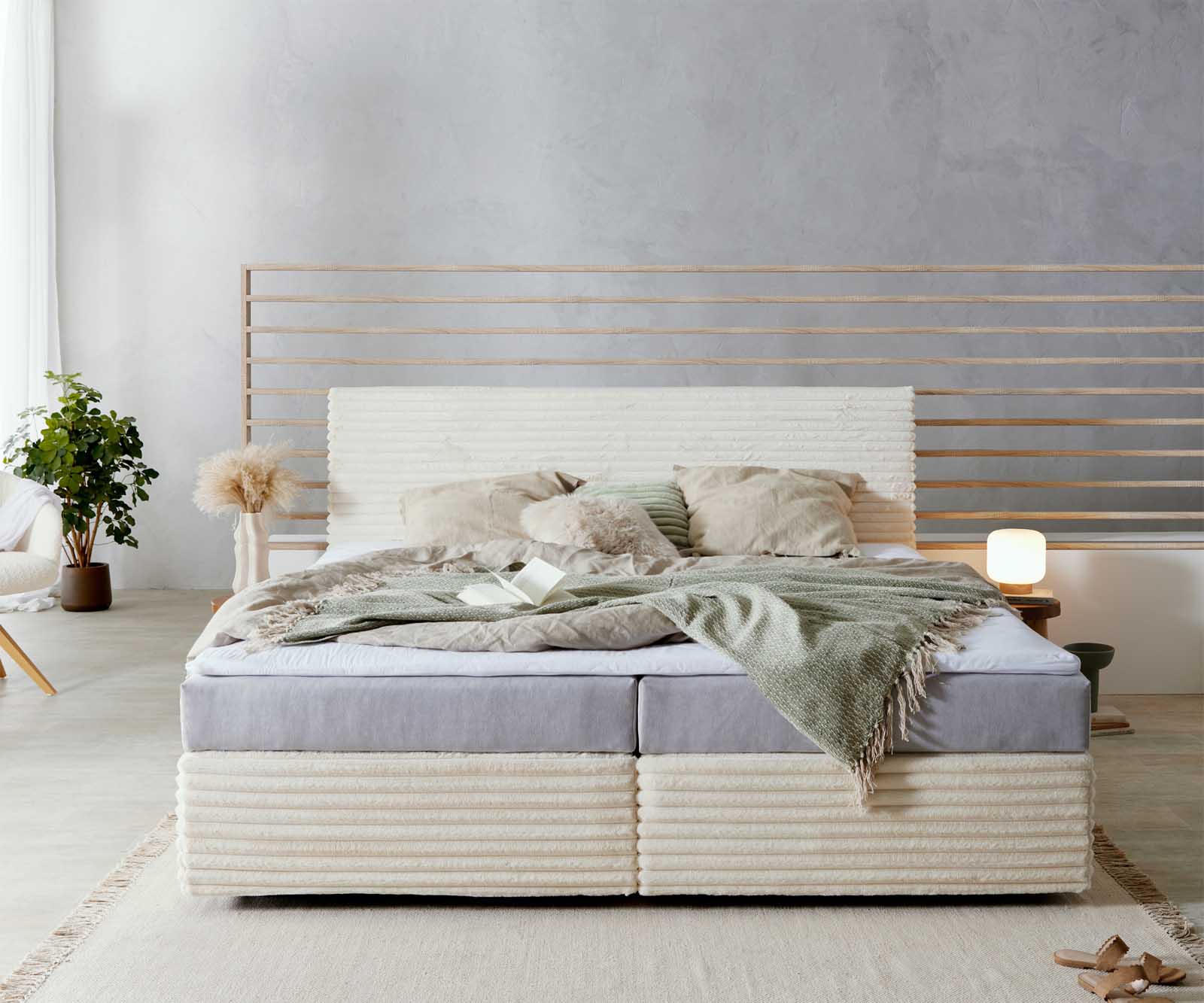 Boxspringbett Dream-Well Plüsch-Cord Beige 200x200 cm mit Taschenfederkernmatratze und Topper Visco 1