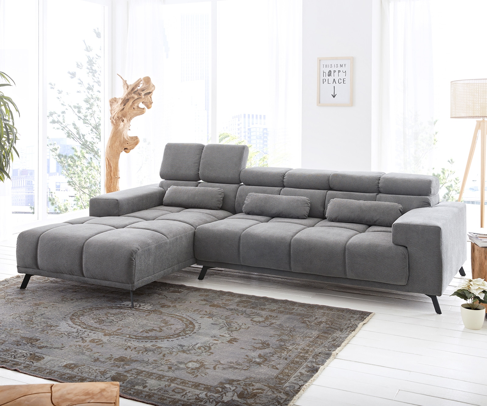 Ecksofa Ordino 285x200 Mikrofaser Grau Ottomane links elektrische Sitztiefenverstellung Ecksofa Ordino 285x200 Mikrofaser Grau Ottomane links elektrische Sitztiefenverstellung