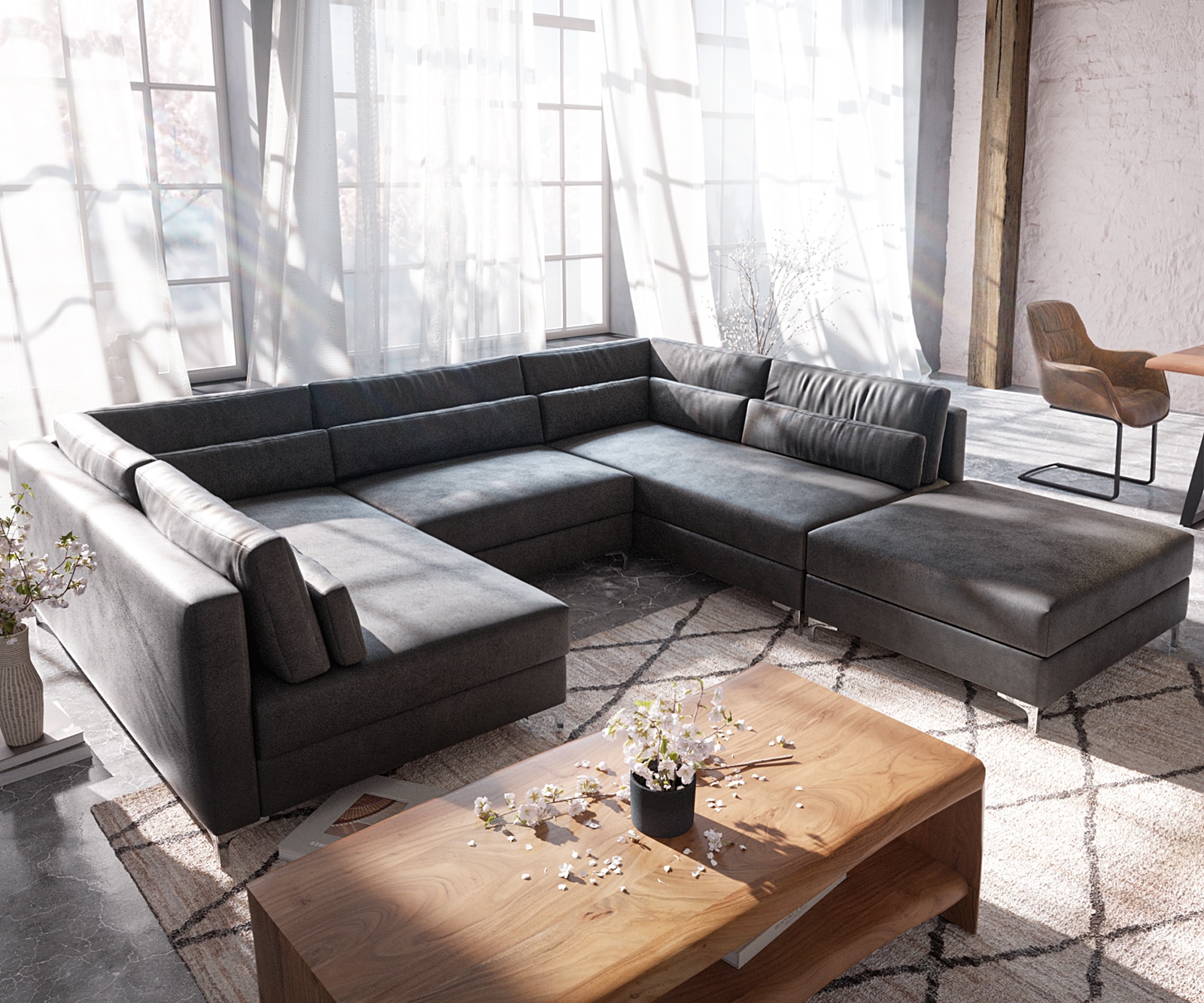 Wohnlandschaft Elio 300x185 cm Lederimitat Vintage Anthrazit mit Hocker Wohnlandschaft Elio 300x185 cm Lederimitat Vintage Anthrazit mit Hocker