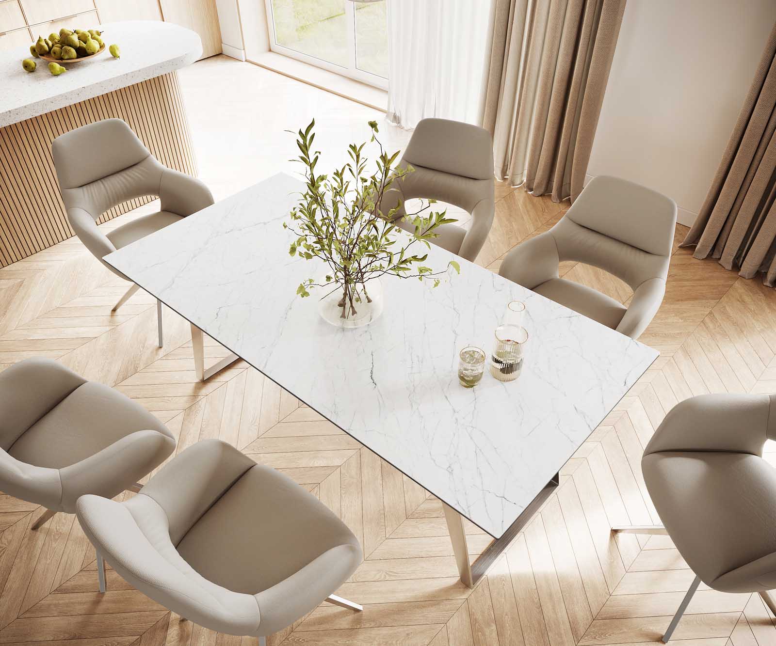 Esstisch Edge 200x100 Keramik Laminam® Statuarietto Weiß Edelstahl Schräg 3