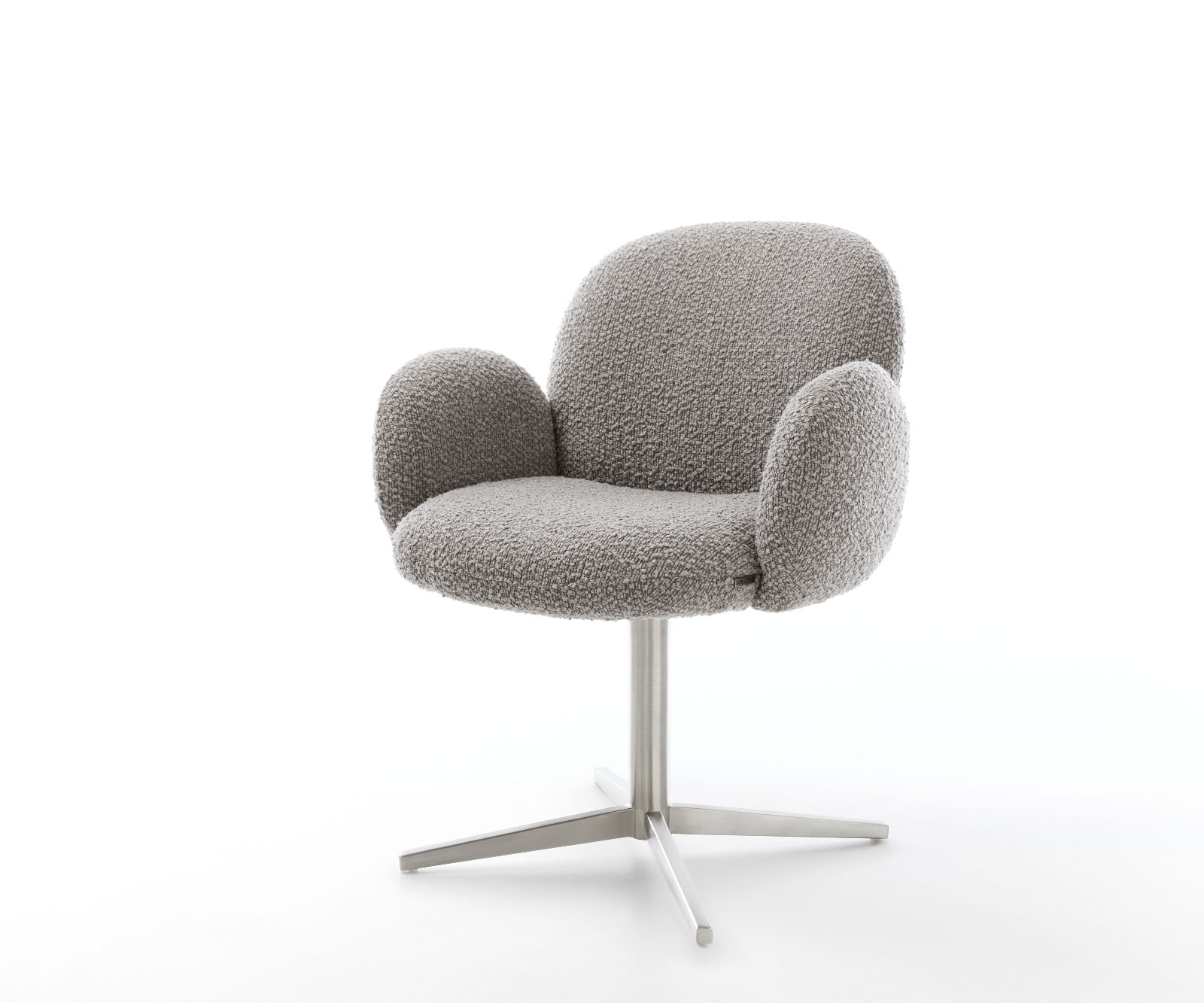 Drehstuhl Nube-Flex mit Armlehnen Bouclé Silbergrau Fußkreuz Edelstahl 360° drehbar Taschenfederkern