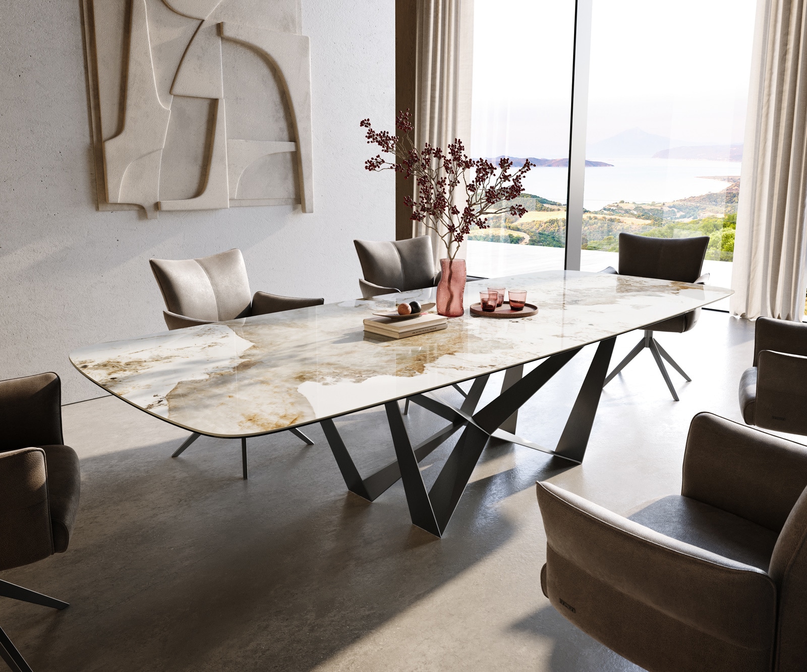 Esstisch Edge Boot 300x120 cm Keramik Minas Melange Weiß-Beige Spider Flachstahl Edelstahl Graphit